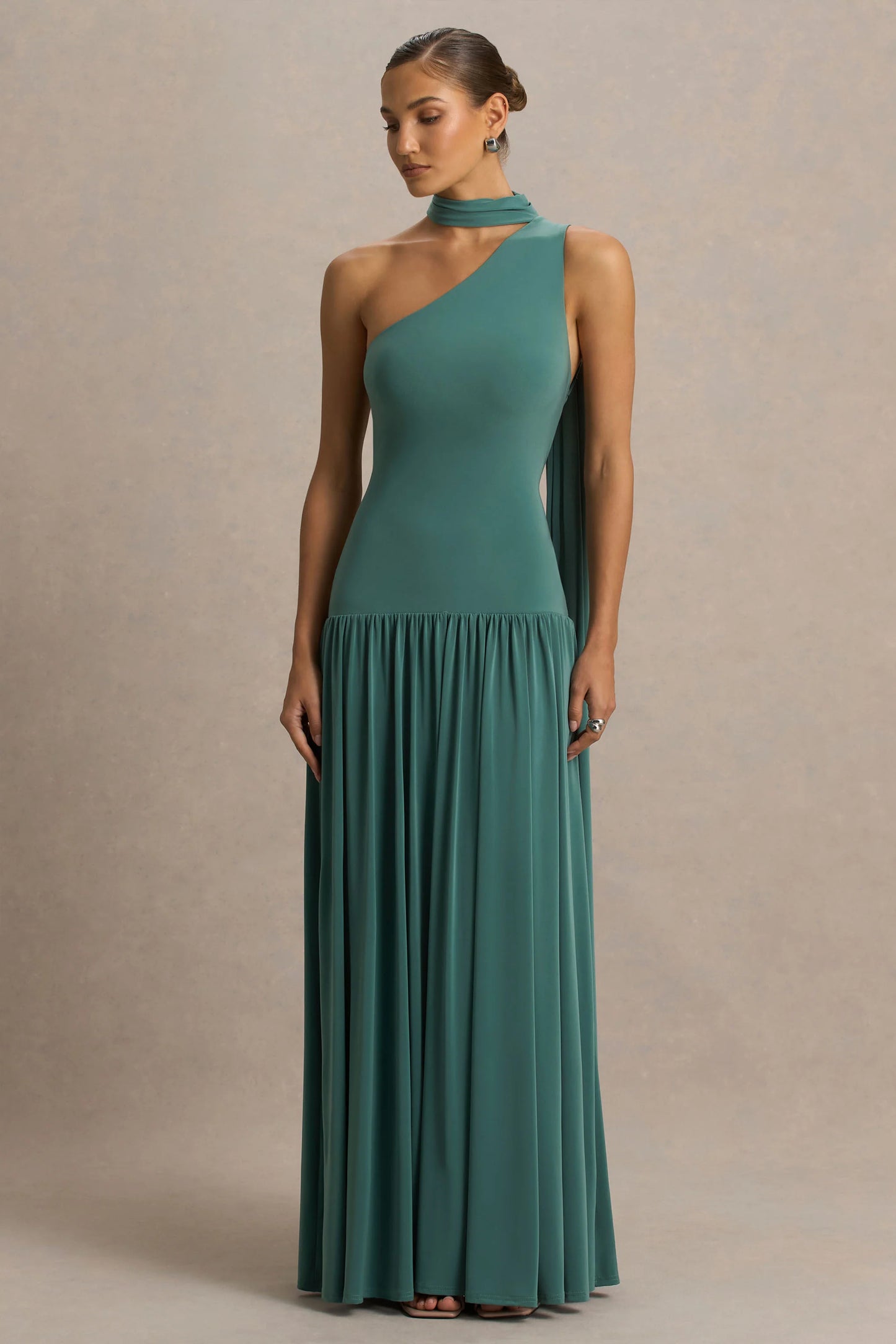 Freesia Teal Asymmetric-Neck Maxi Dress With Scarf-Detail