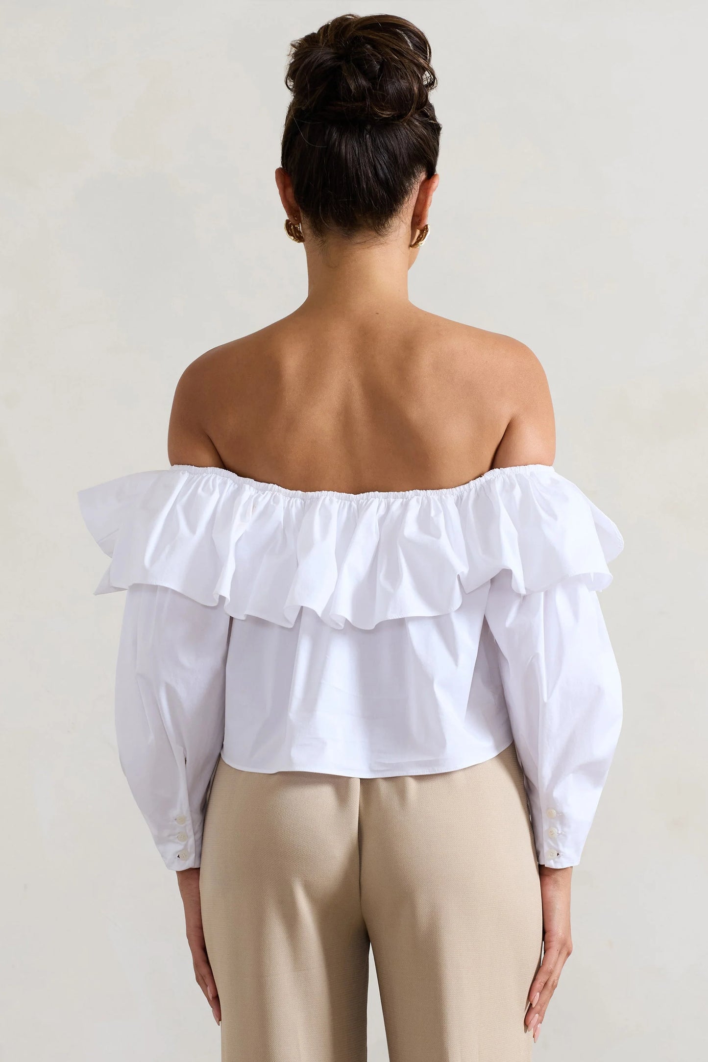 Cove White Bardot Puff-Sleeve Ruffle Top With Bows
