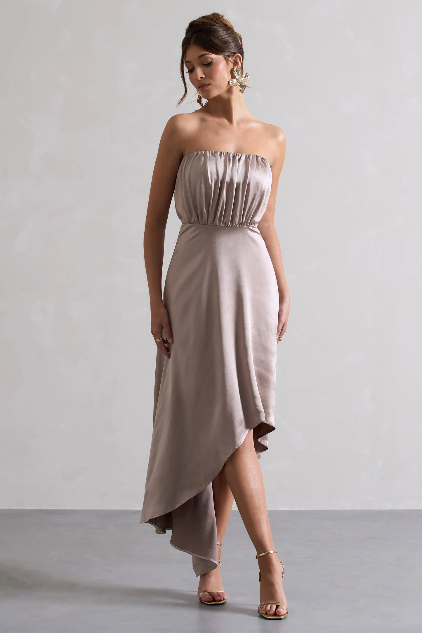 Willa Taupe Satin Bandeau Maxi Dress With Asymmetric Hem