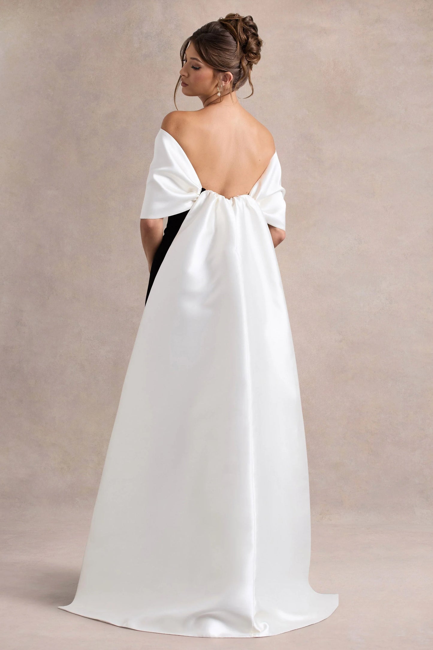 Wanting More Black & White Satin Cape Maxi Dress With Oversized Bow
