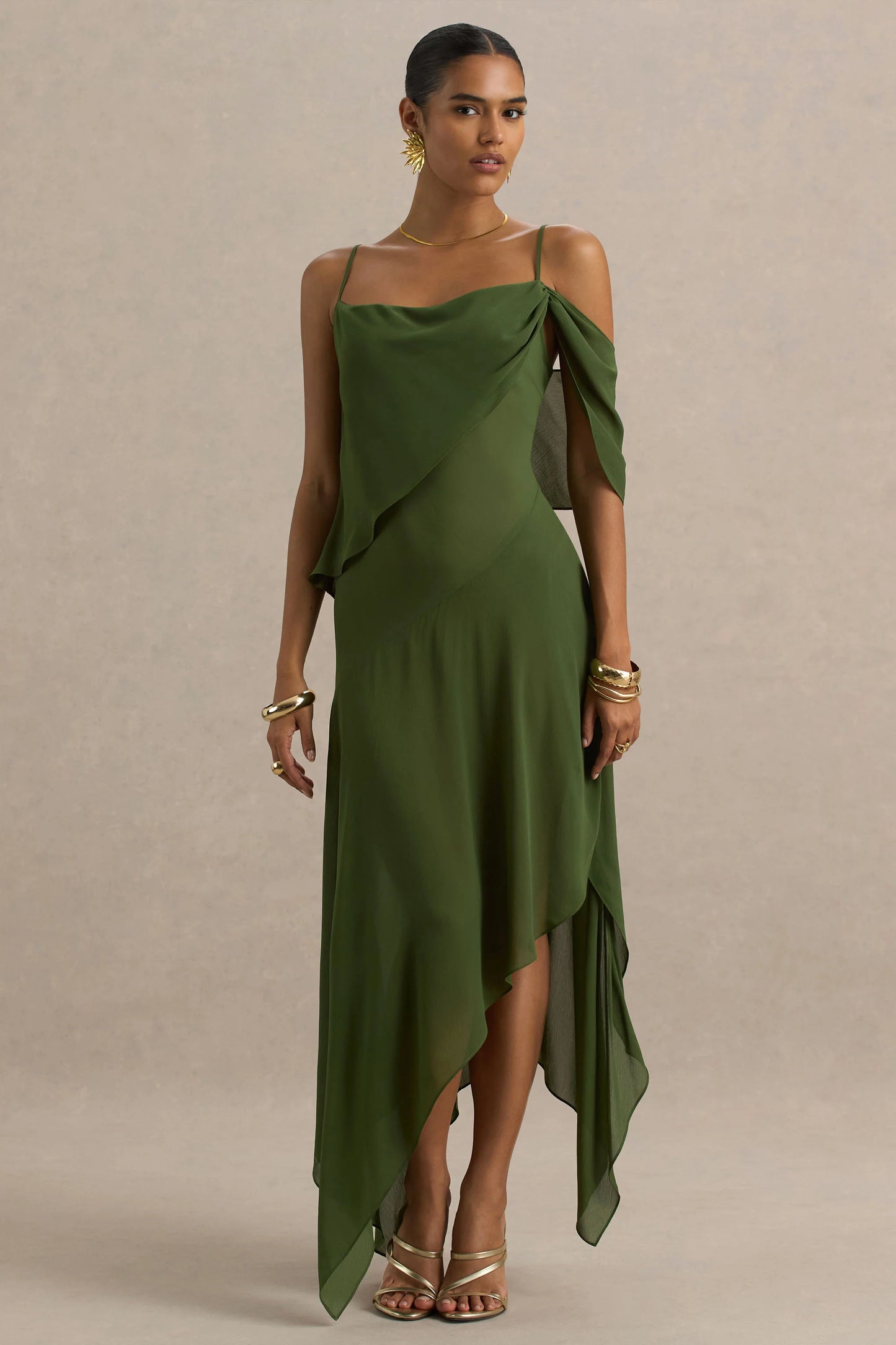 Tiara Green Asymmetric Midi Dress With Draping Detailing and Open-Back