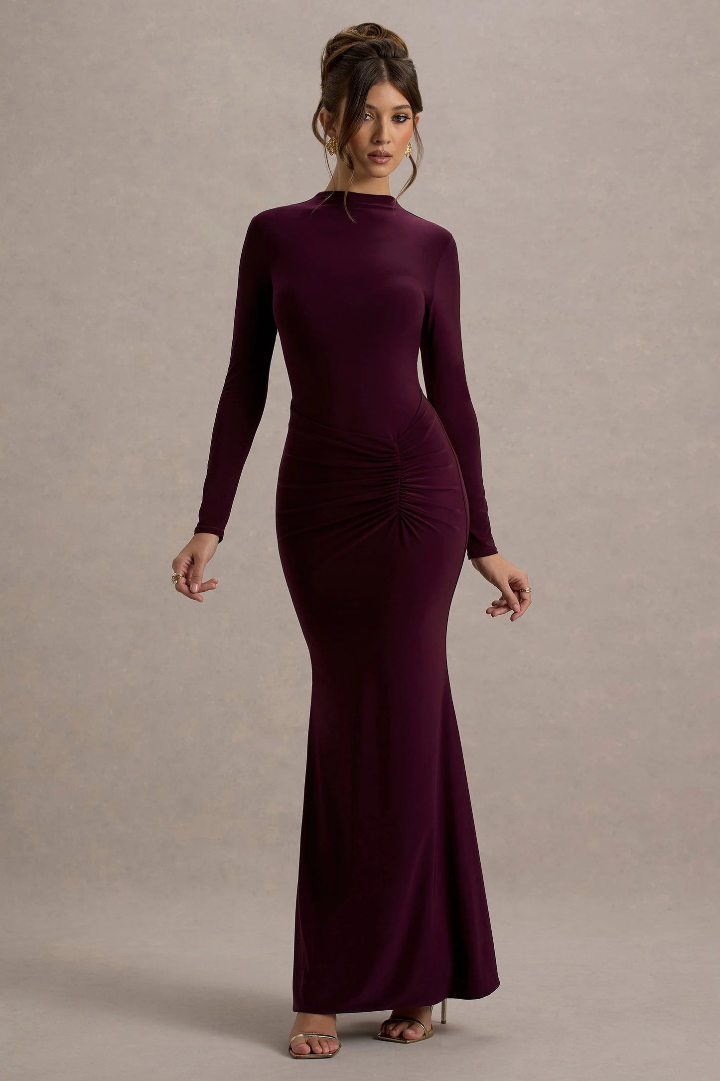 Reid Plum Long-Sleeve Gathered Maxi Dress