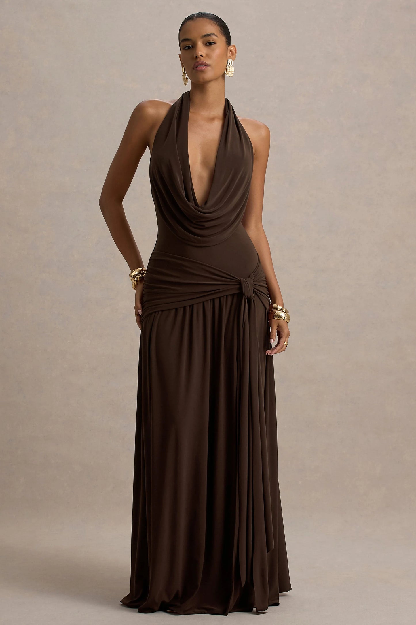 Mist Brown Plunge-Neck Maxi Dress With Knot-Detail And Open-Back