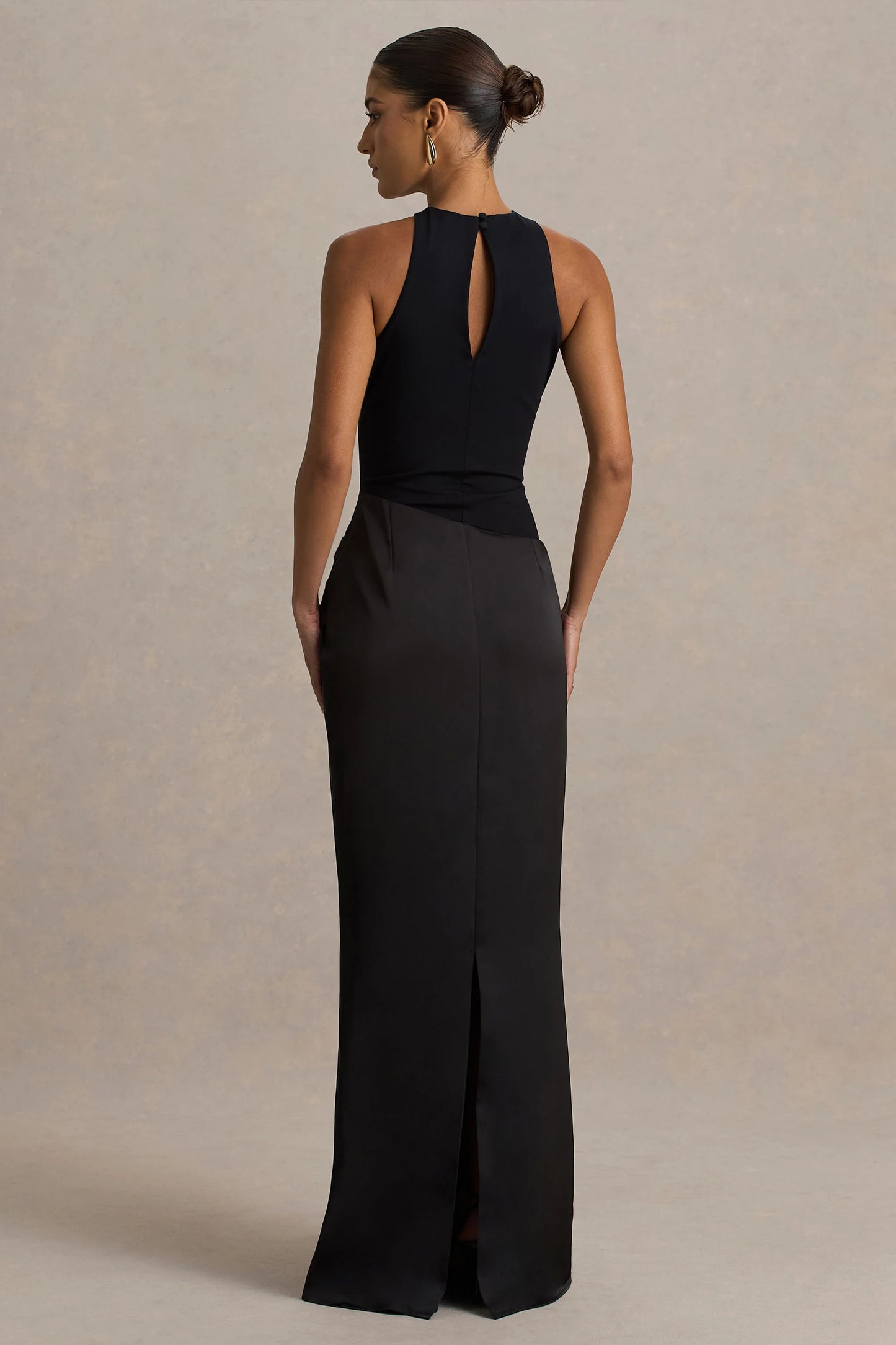 Akari Black Crew-Neck Maxi Dress With Satin Skirt