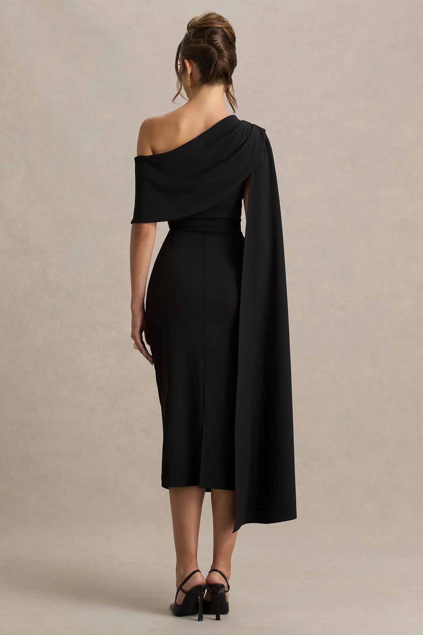 Leah Black Asymmetric-Neck Midi Dress With Cape-Sleeve