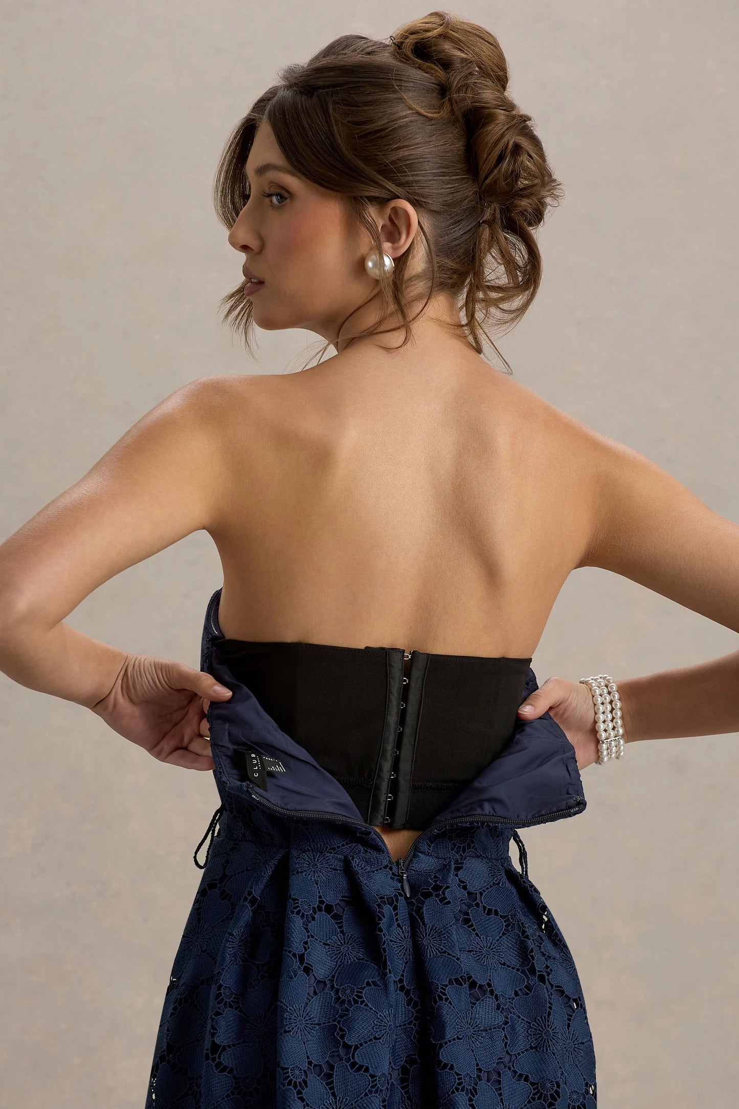 Shania Navy Lace Bandeau Skater Midi Dress