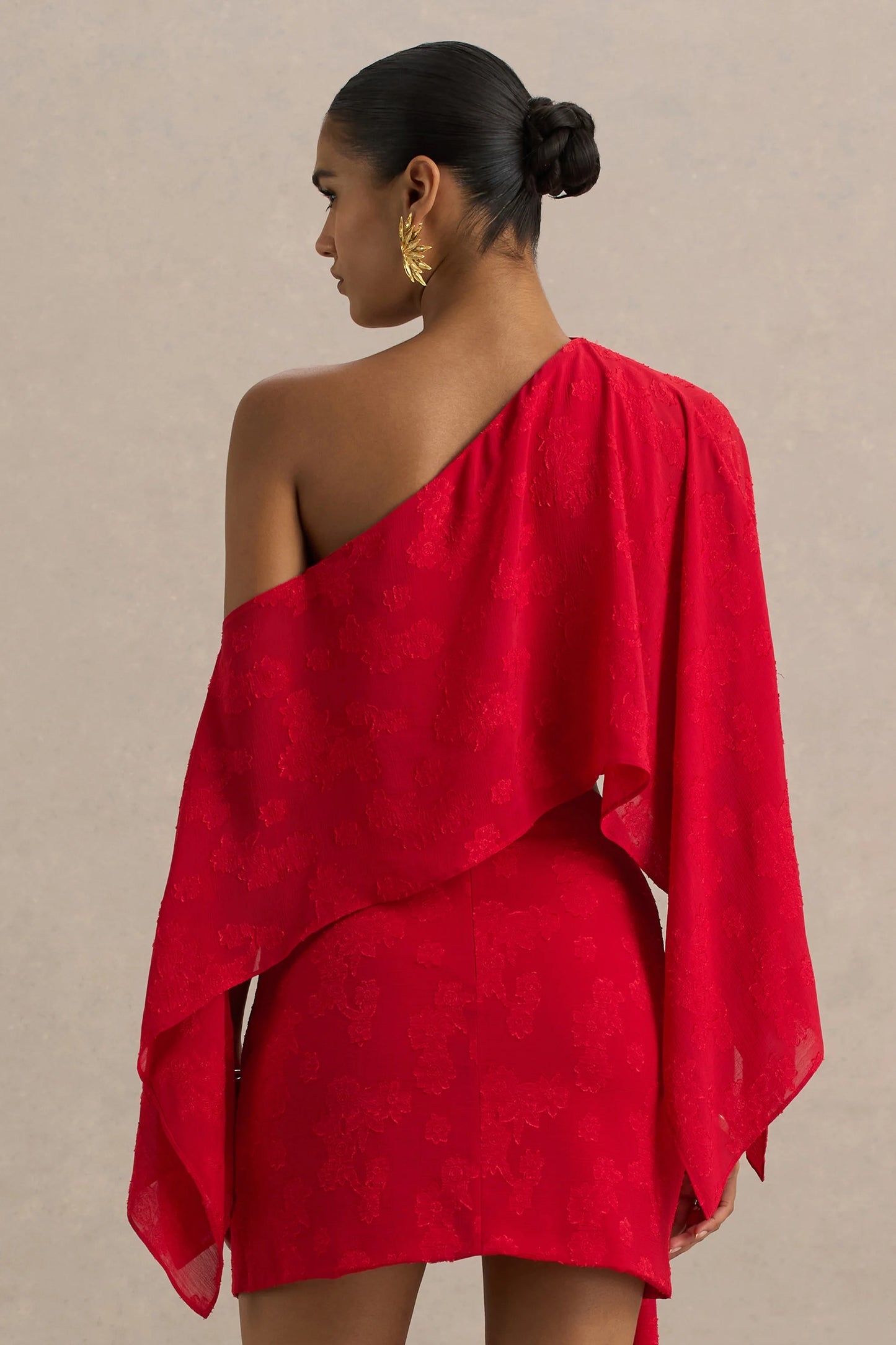 Aruba Red Satin Devore Asymmetric Long-Sleeve Crop Top