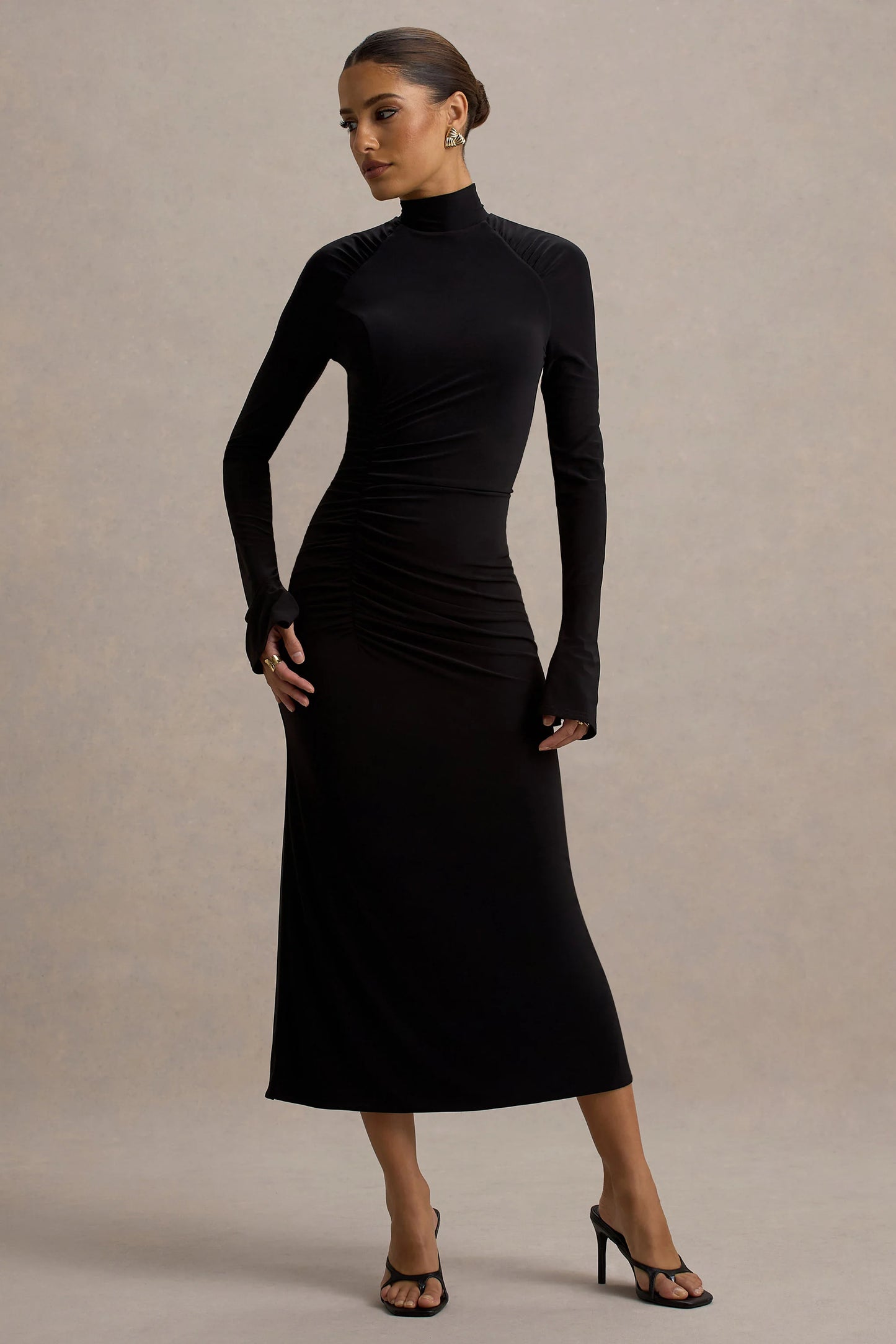 Cassandra Black High-Neck Long-Sleeve Midi Dress