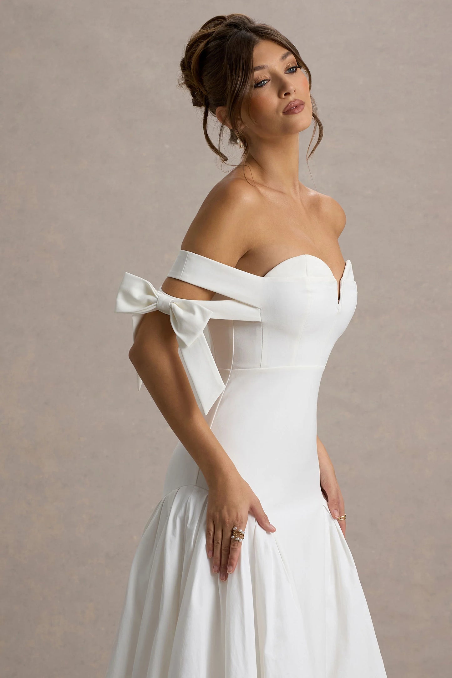 Ethel White & Cream Bardot Maxi Dress With Volume Skirt