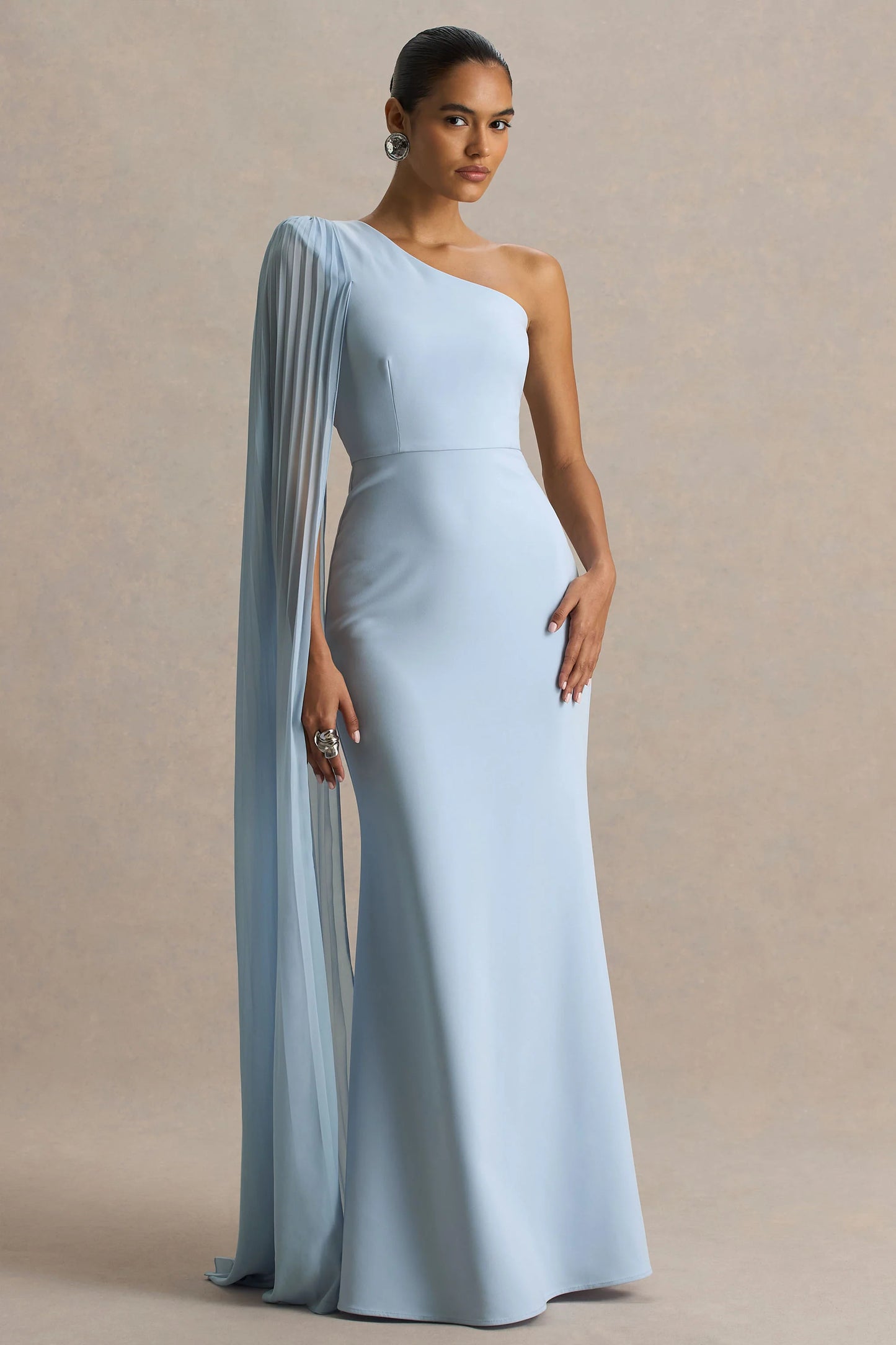 Athens Powder Blue Asymmetric-Neck Maxi Dress With Cape Sleeve Detail
