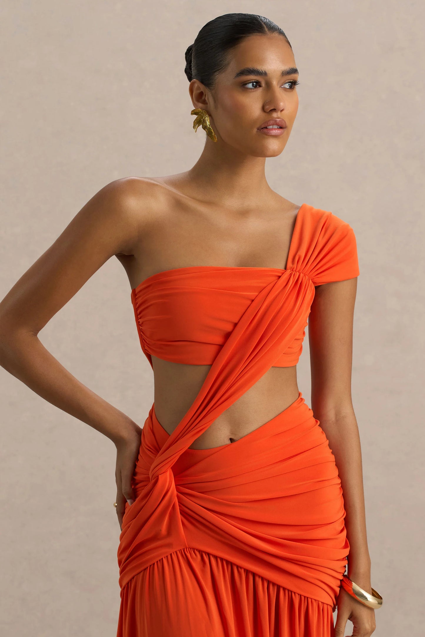 Cadiz Orange Asymmetric Maxi Dress With Cut-Out Detail and Open-Back