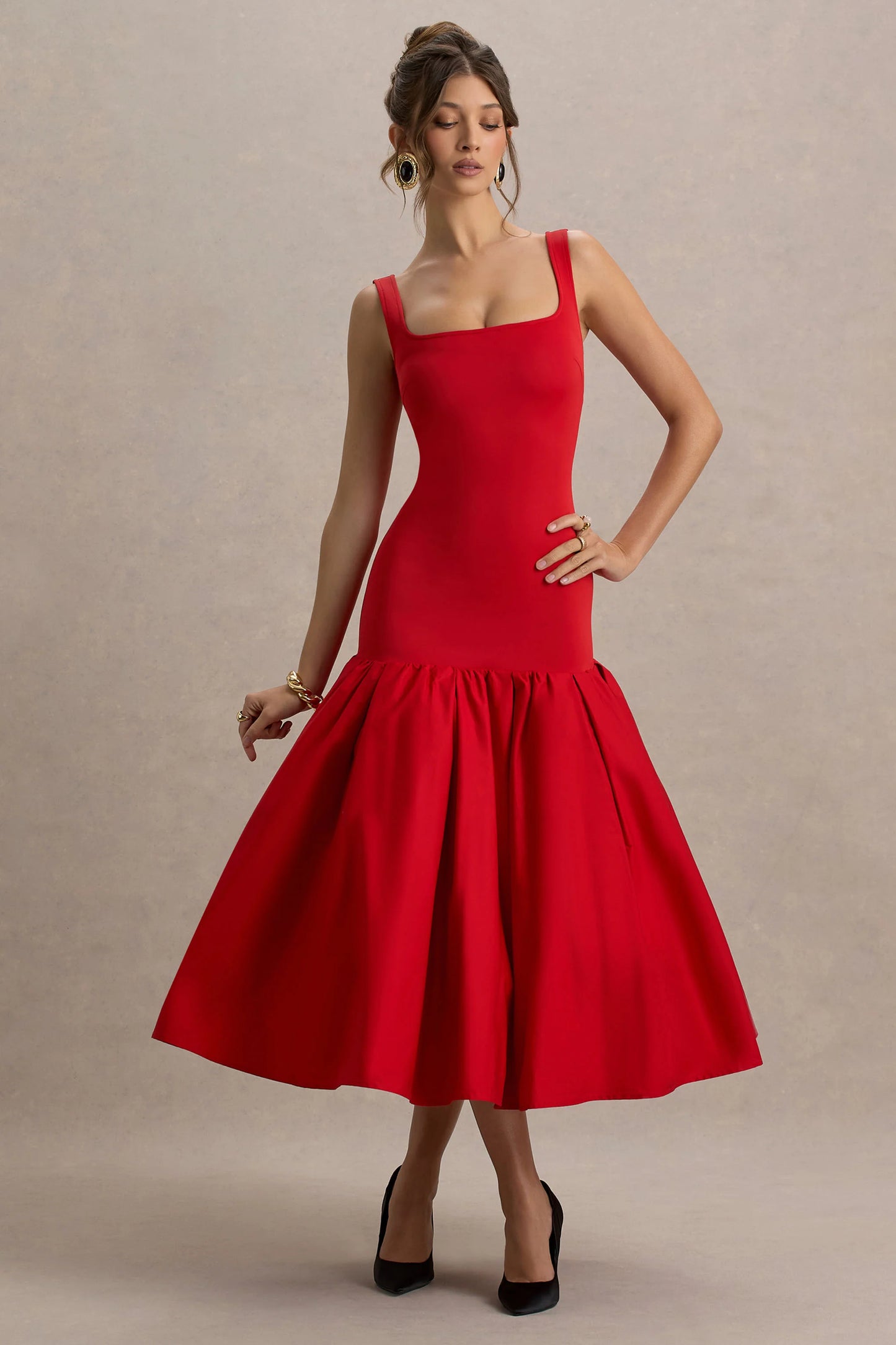 Parida Red Poplin Drop-Waist Midi Dress With Peplum Hem