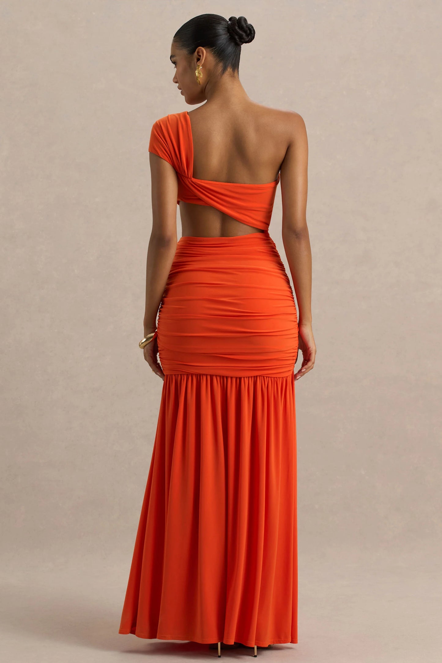 Cadiz Orange Asymmetric Maxi Dress With Cut-Out Detail and Open-Back
