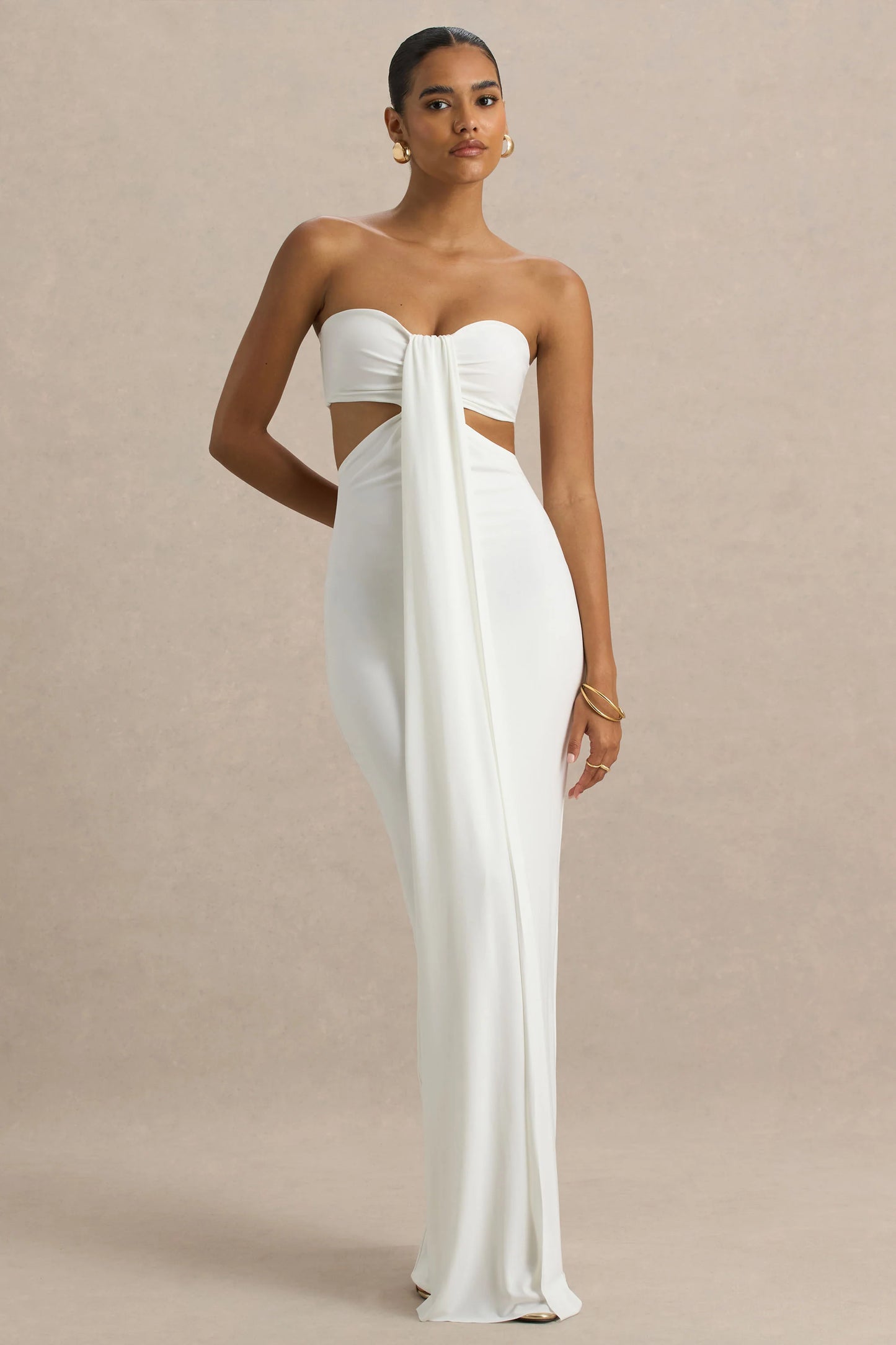 Elixir Cream Sweetheart-Neck Maxi Dress with Cut-Out Details