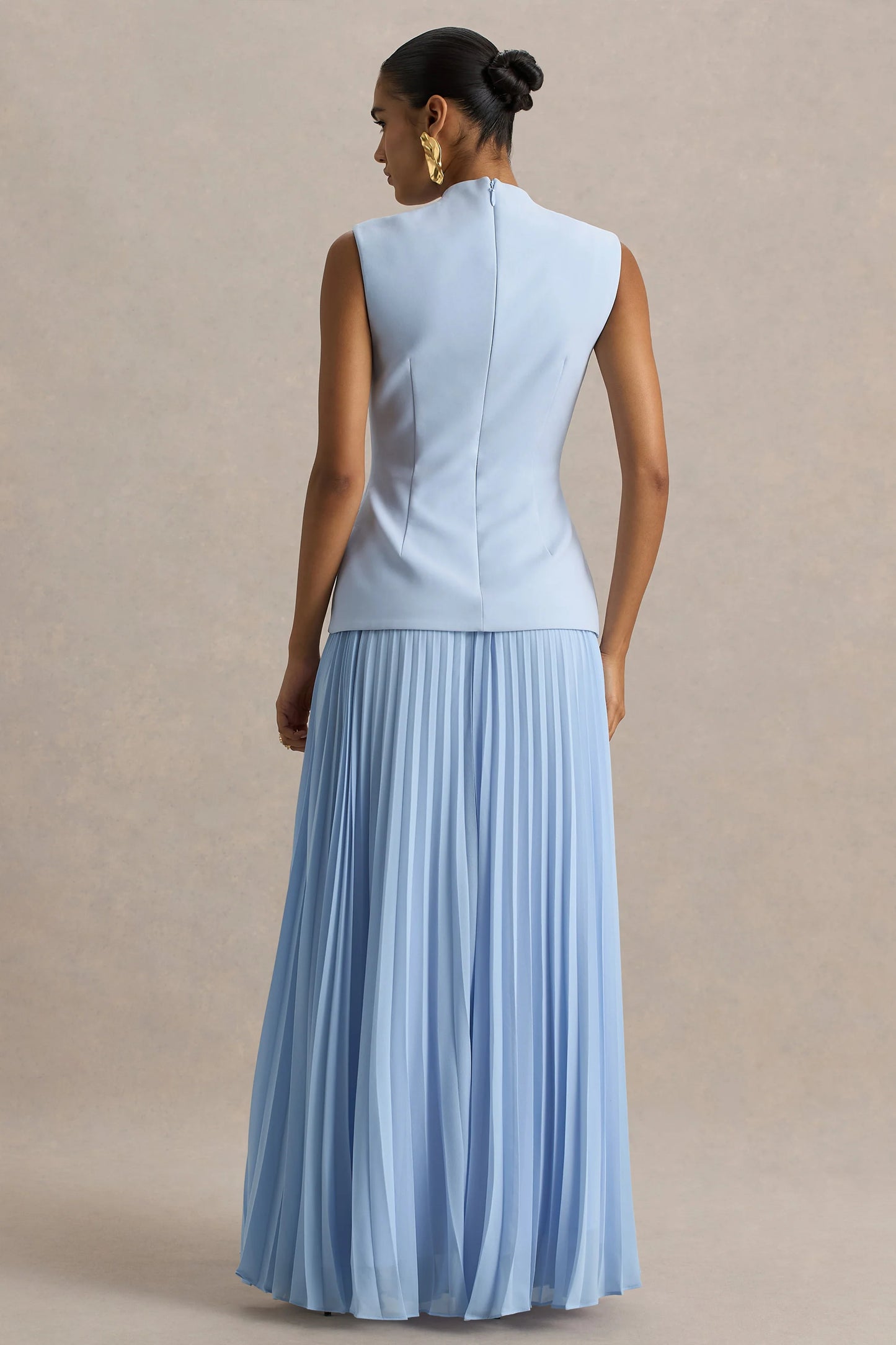 Heavenly Powder Blue High Neck Maxi Dress With Pleated Detailing