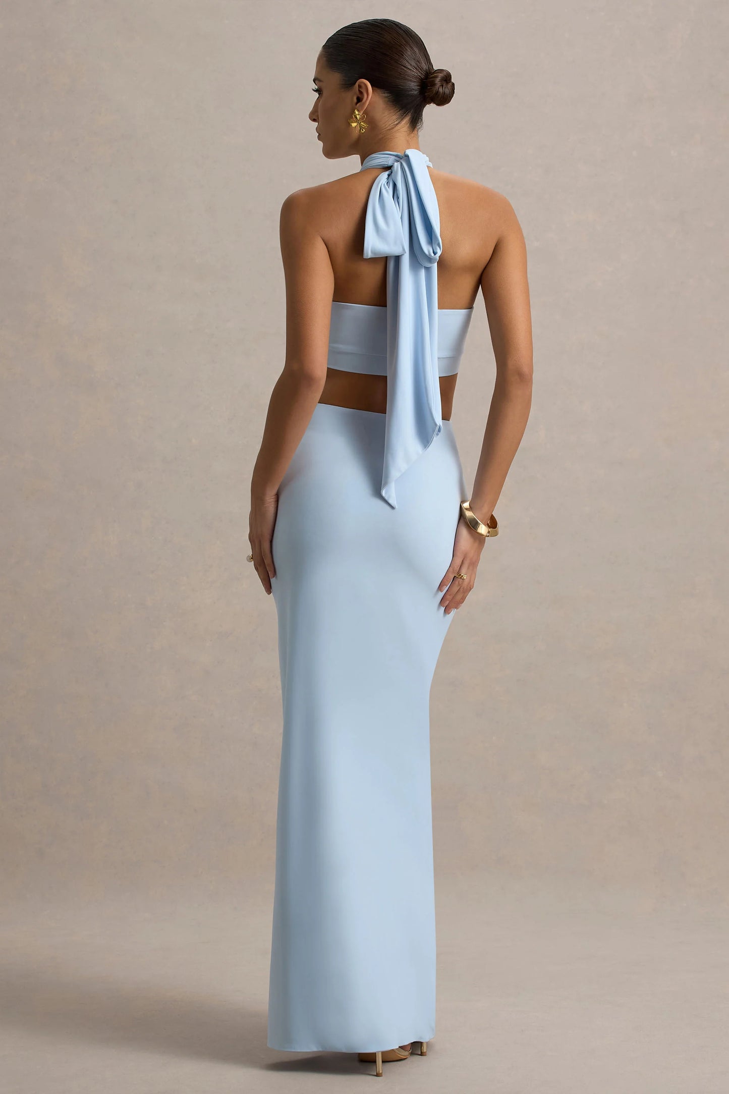 Aura Powder Blue Halter-Neck Cut-Out Split Maxi Dress