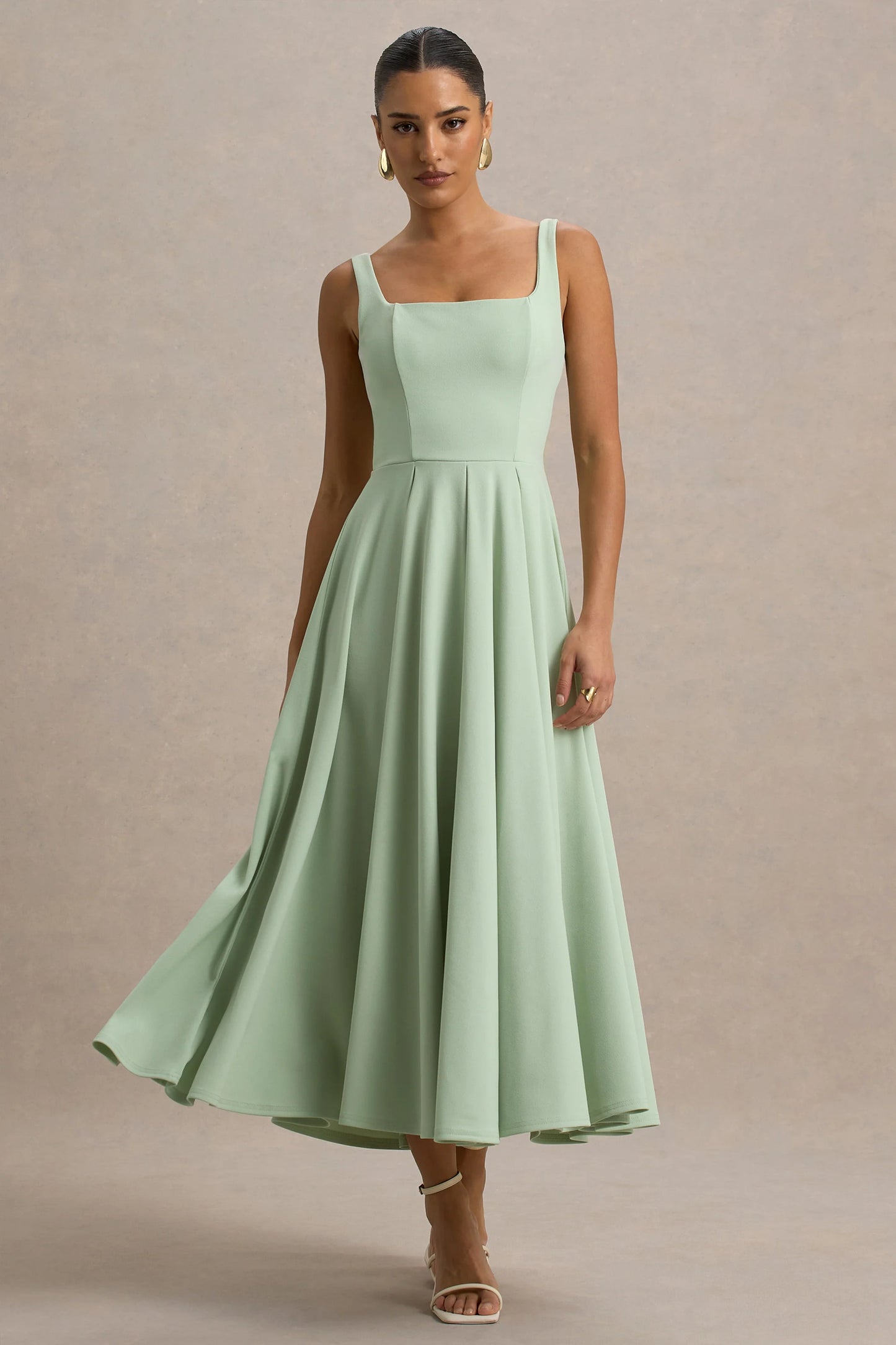 Parina Light Green Strappy Volume-Hem Midi Dress