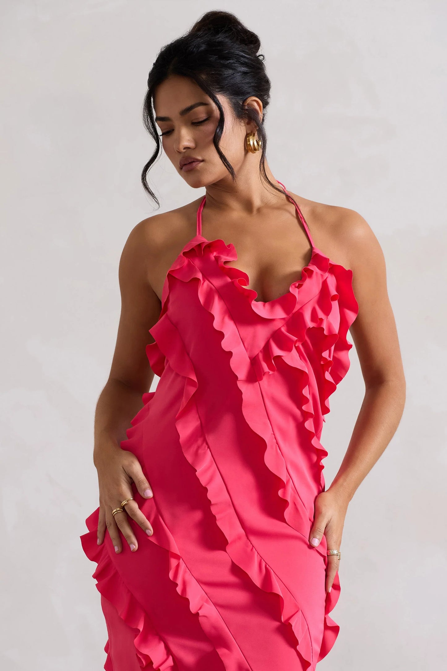 Full On Hot Pink V-Neck Ruffle Maxi Dress