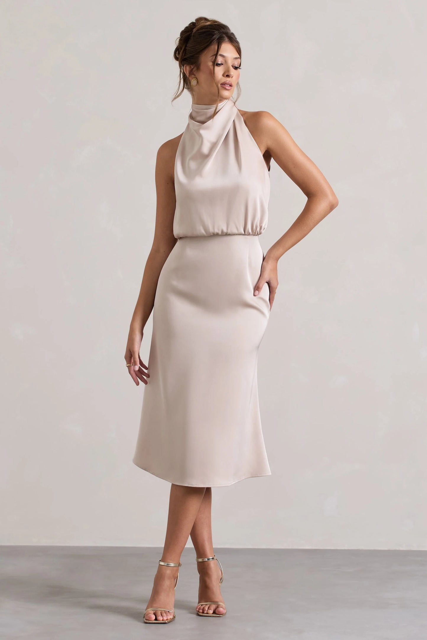 Geena Champagne Satin Twisted High-Neck Midi Dress