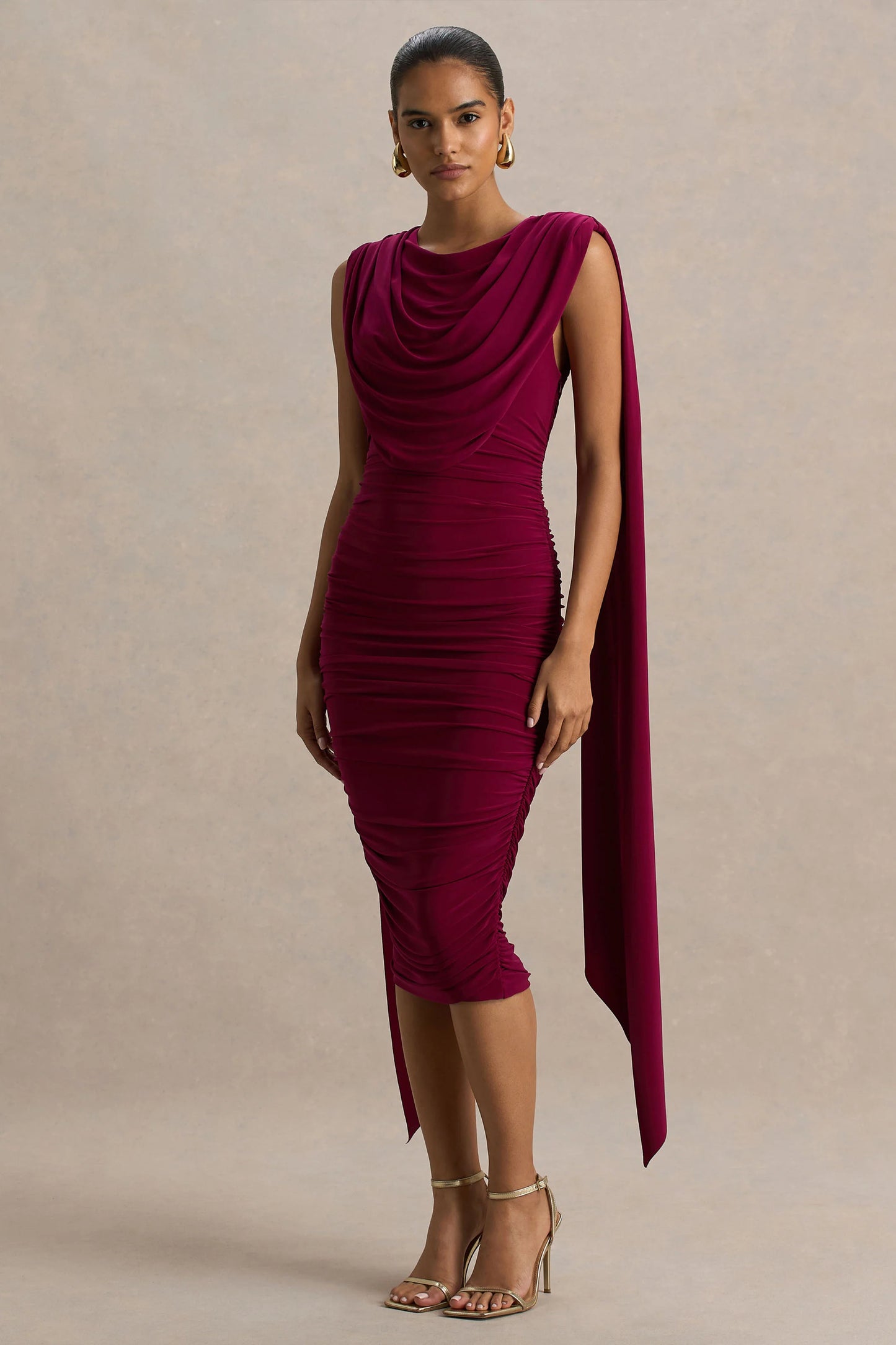 Wanderer Burgundy Crew-Neck Midi Dress With Draped and Ruched Detailing