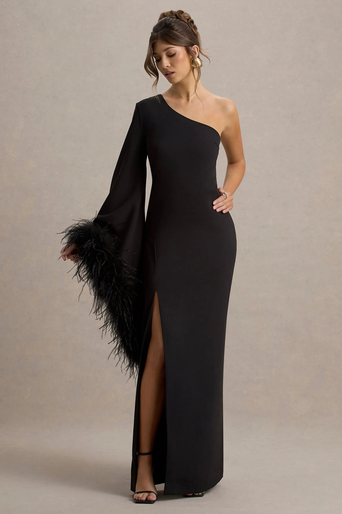 Armina Black One-Shoulder Feather-Trim Maxi Dress