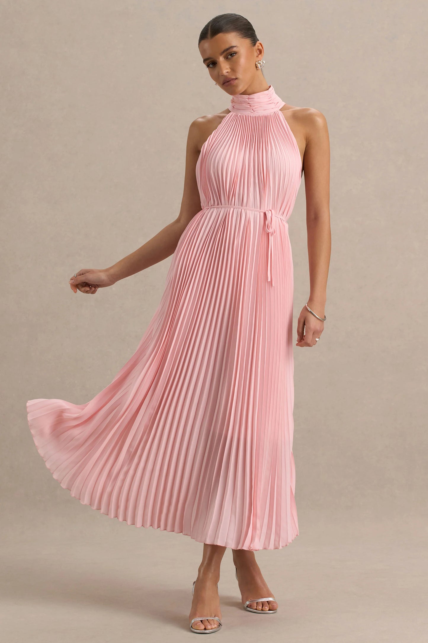 Tulip Blush Pink Pleated High-Neck Midi Dress