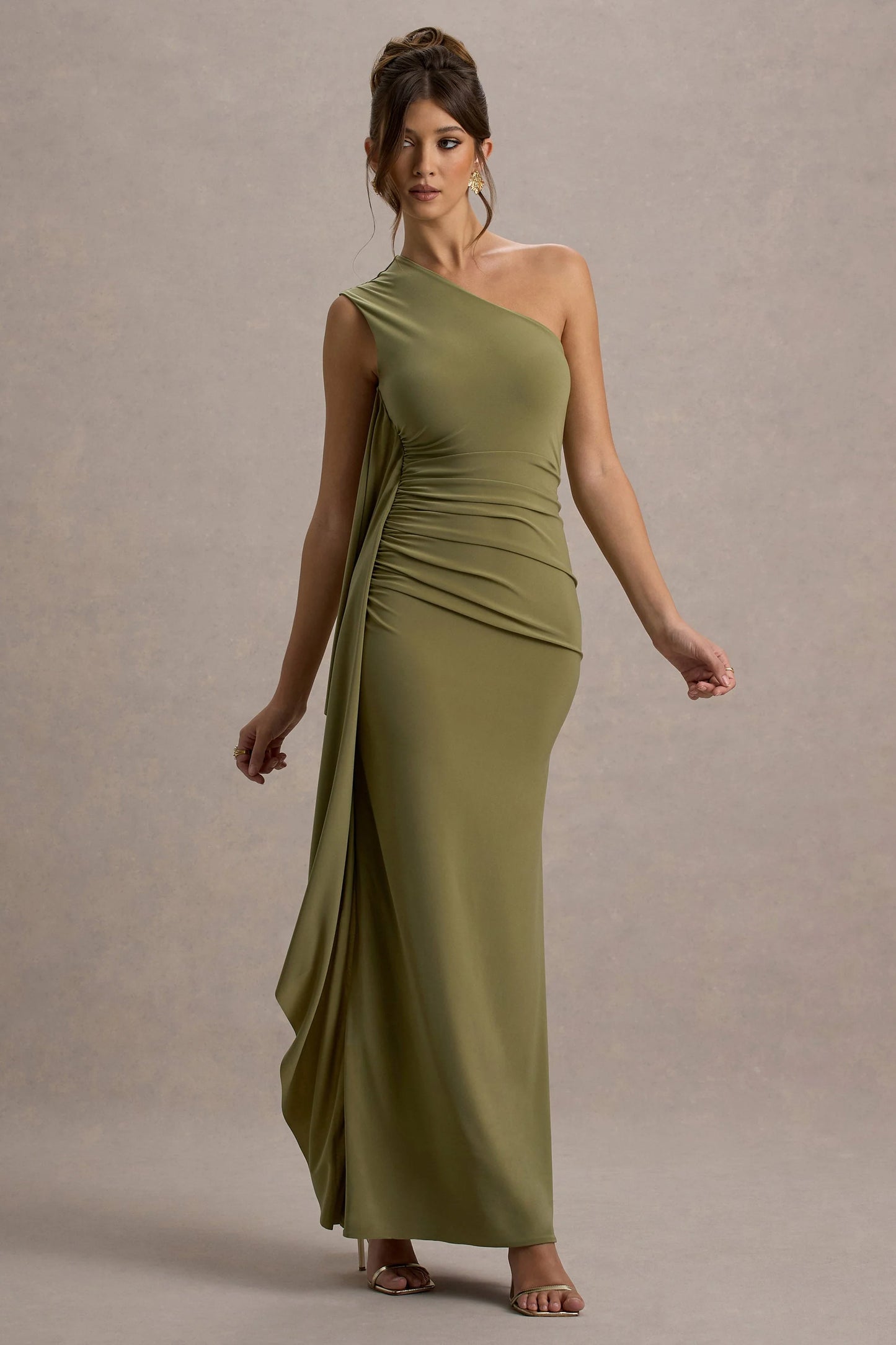 Adelina Olive One-Shoulder Maxi Dress With Drape