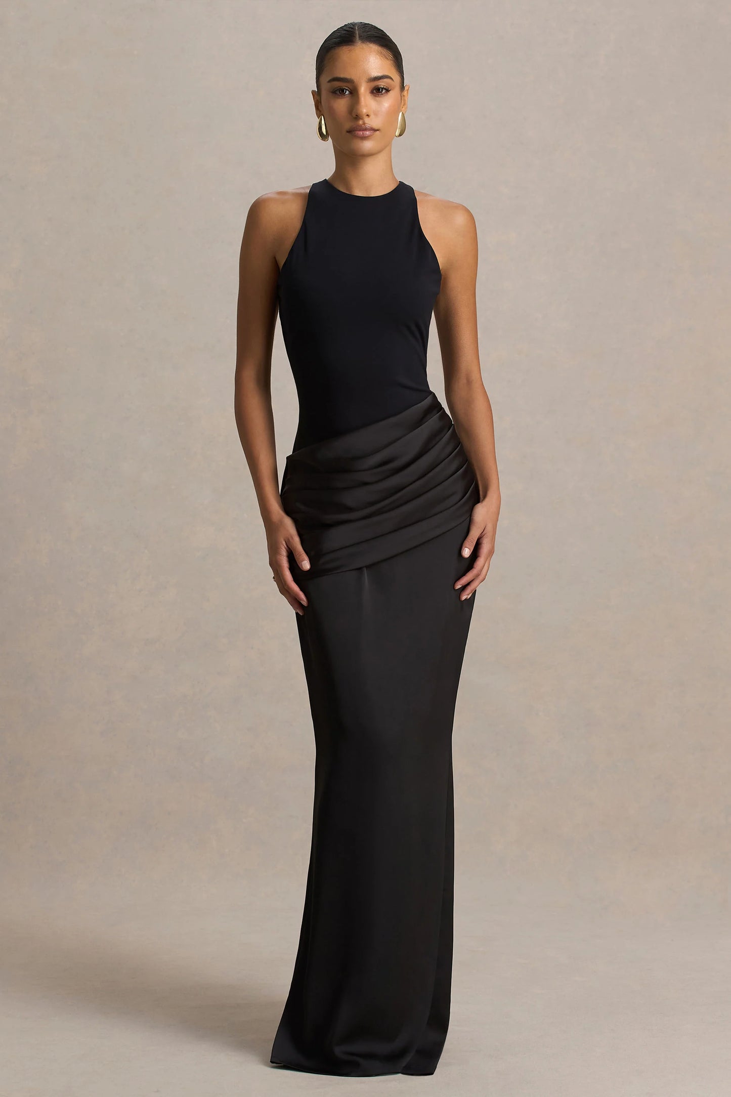 Akari Black Crew-Neck Maxi Dress With Satin Skirt