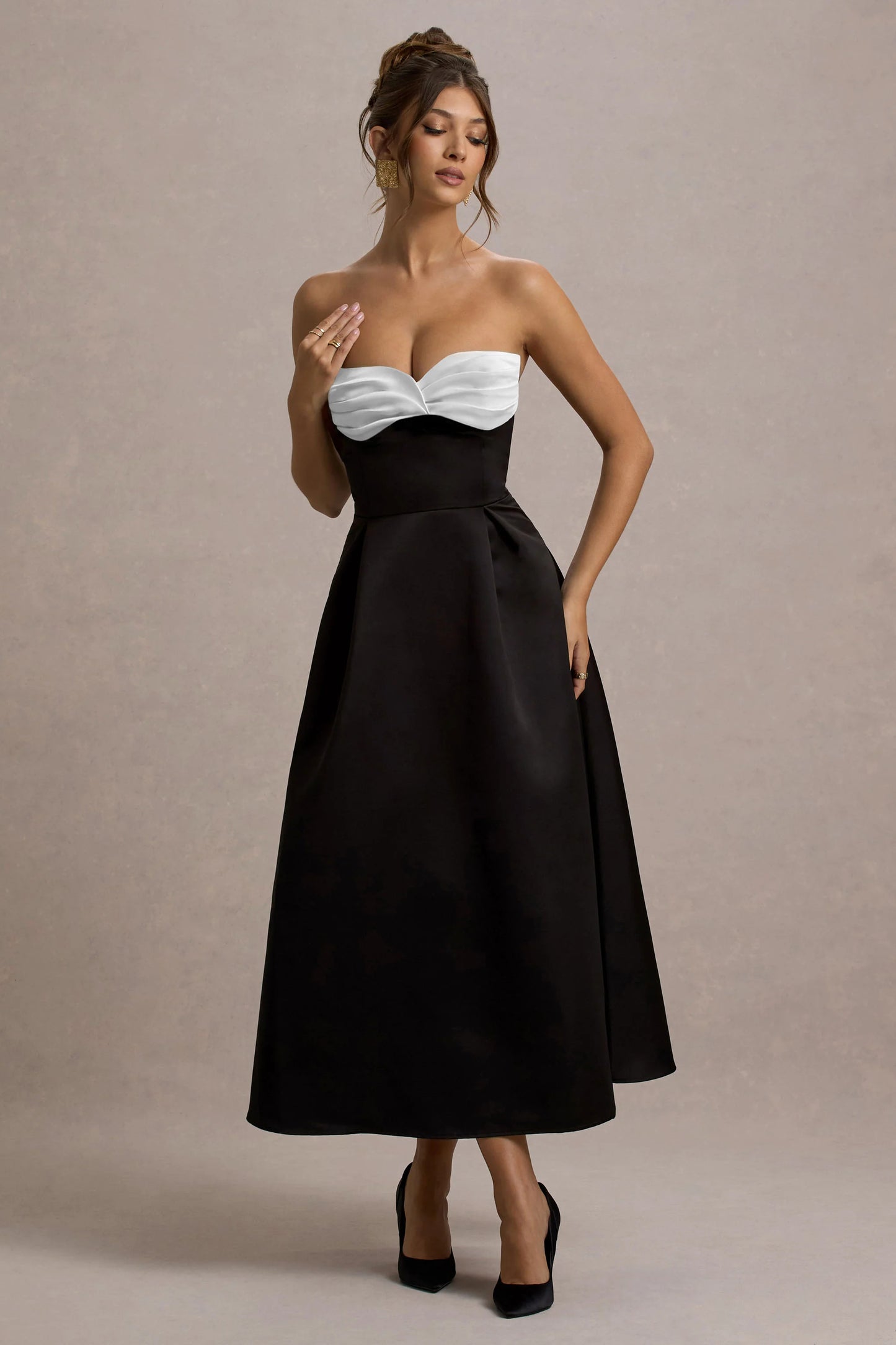 Wintour Black Satin Sweetheart Midi Dress