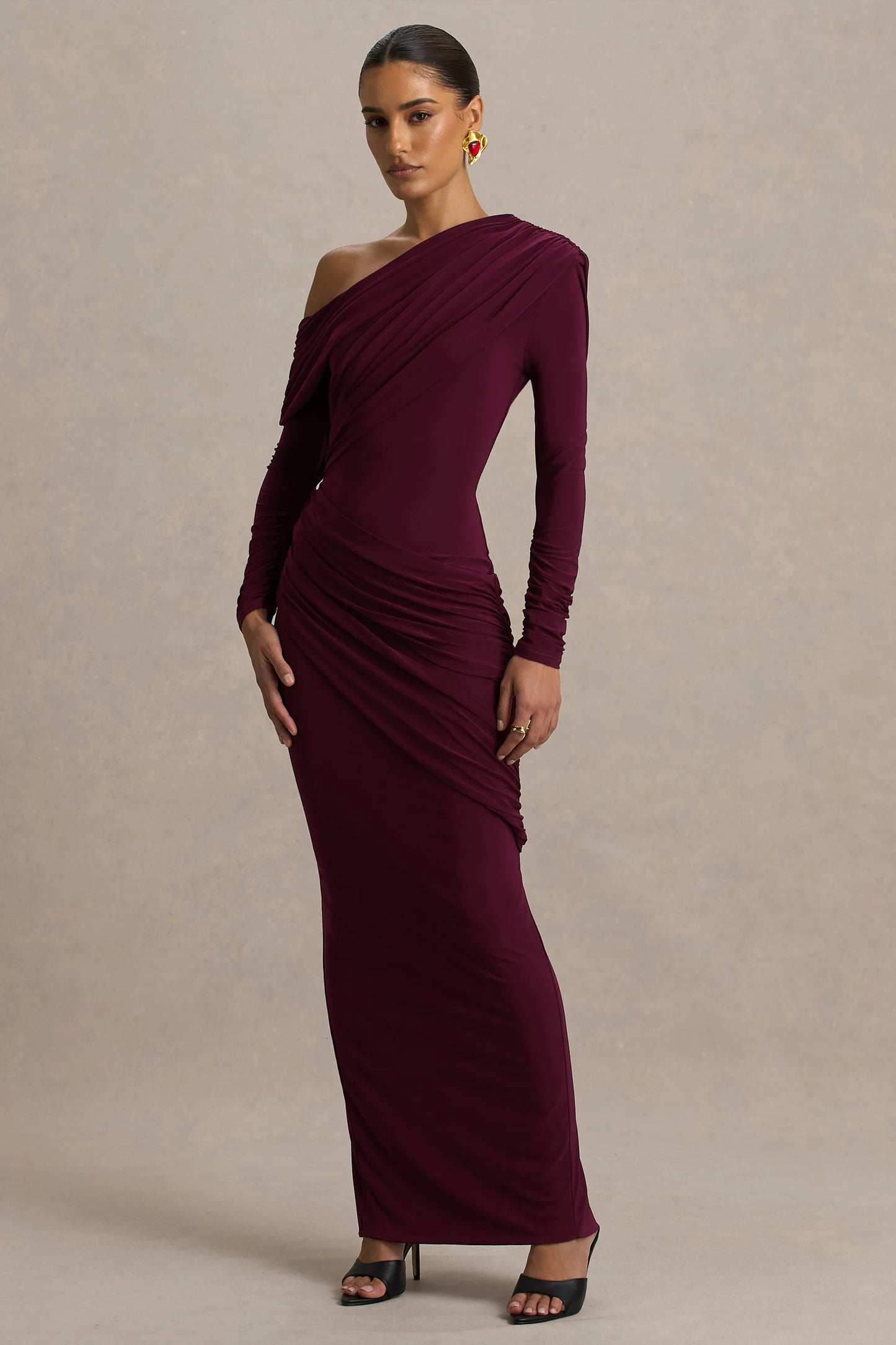 Perrie Burgundy Asymmetric-Neck Maxi Dress With Ruched Detailing