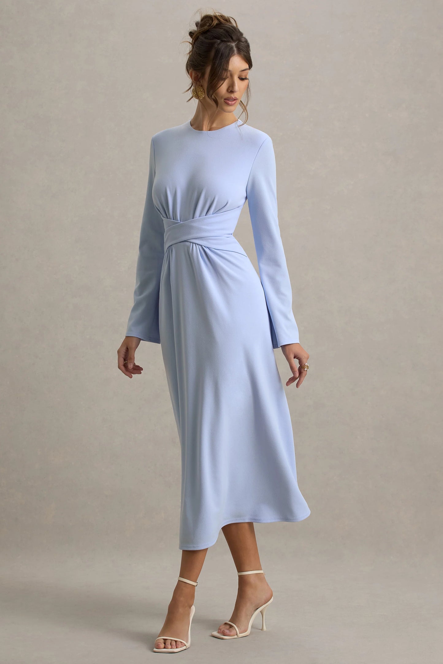 Cassiopeia Light Blue Long-Sleeve Midi Dress With Cross Waist