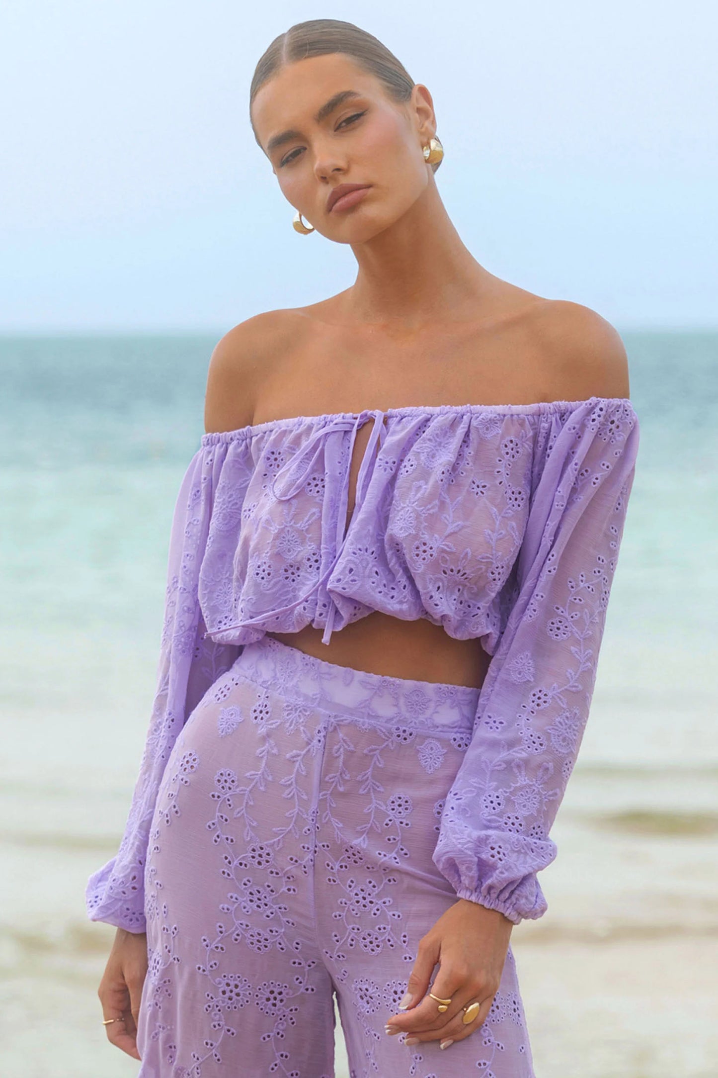 Fabienne Lilac Broidery Bardot Puff-Sleeve Top