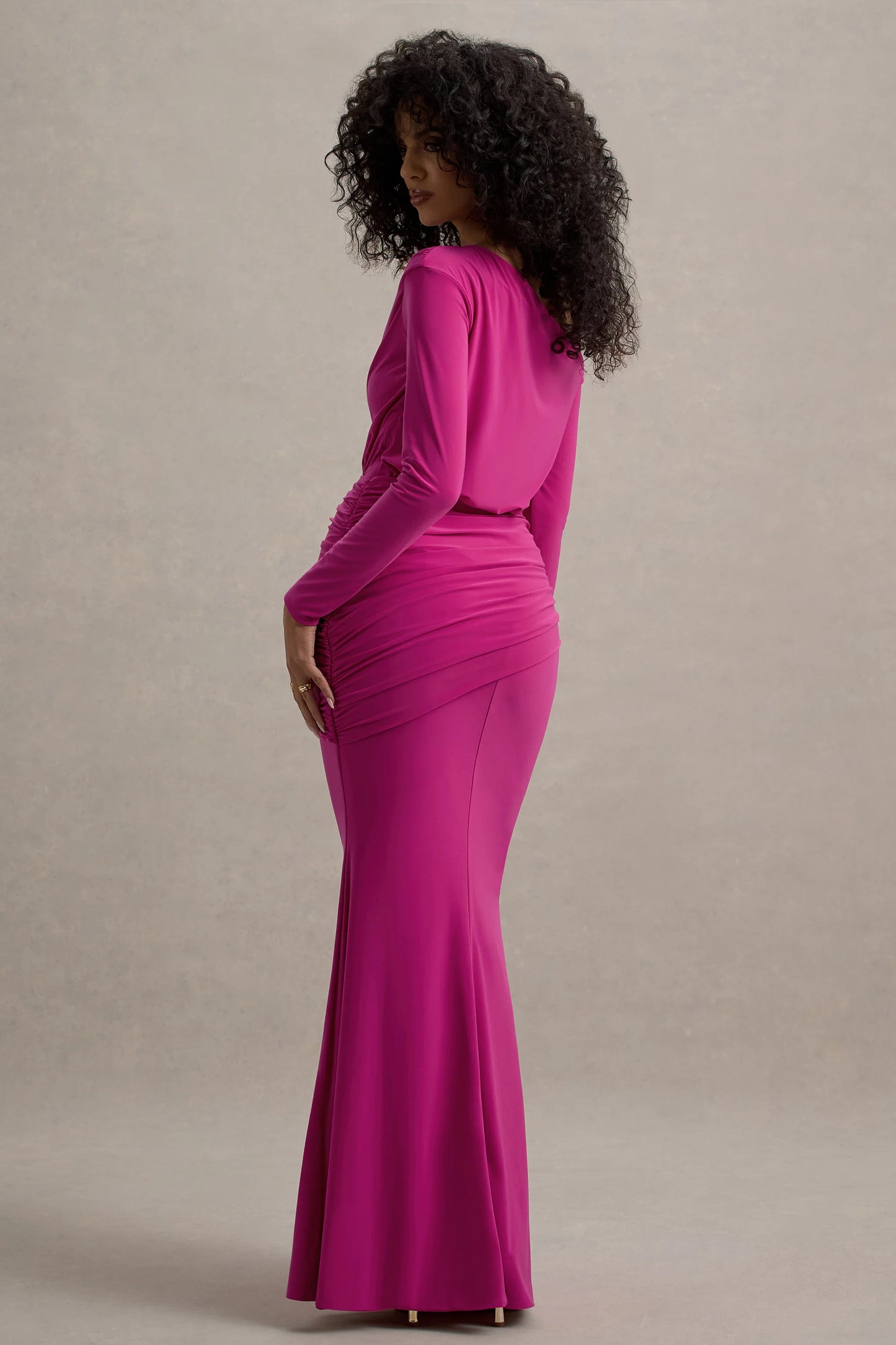 Deanna Hot Pink Asymmetric Long-Sleeve Ruched Maxi Dress