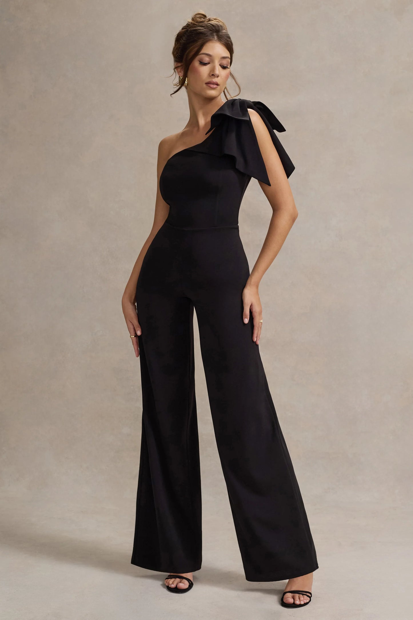Orilla Black One-Shoulder Wide-Leg Jumpsuit With Bow