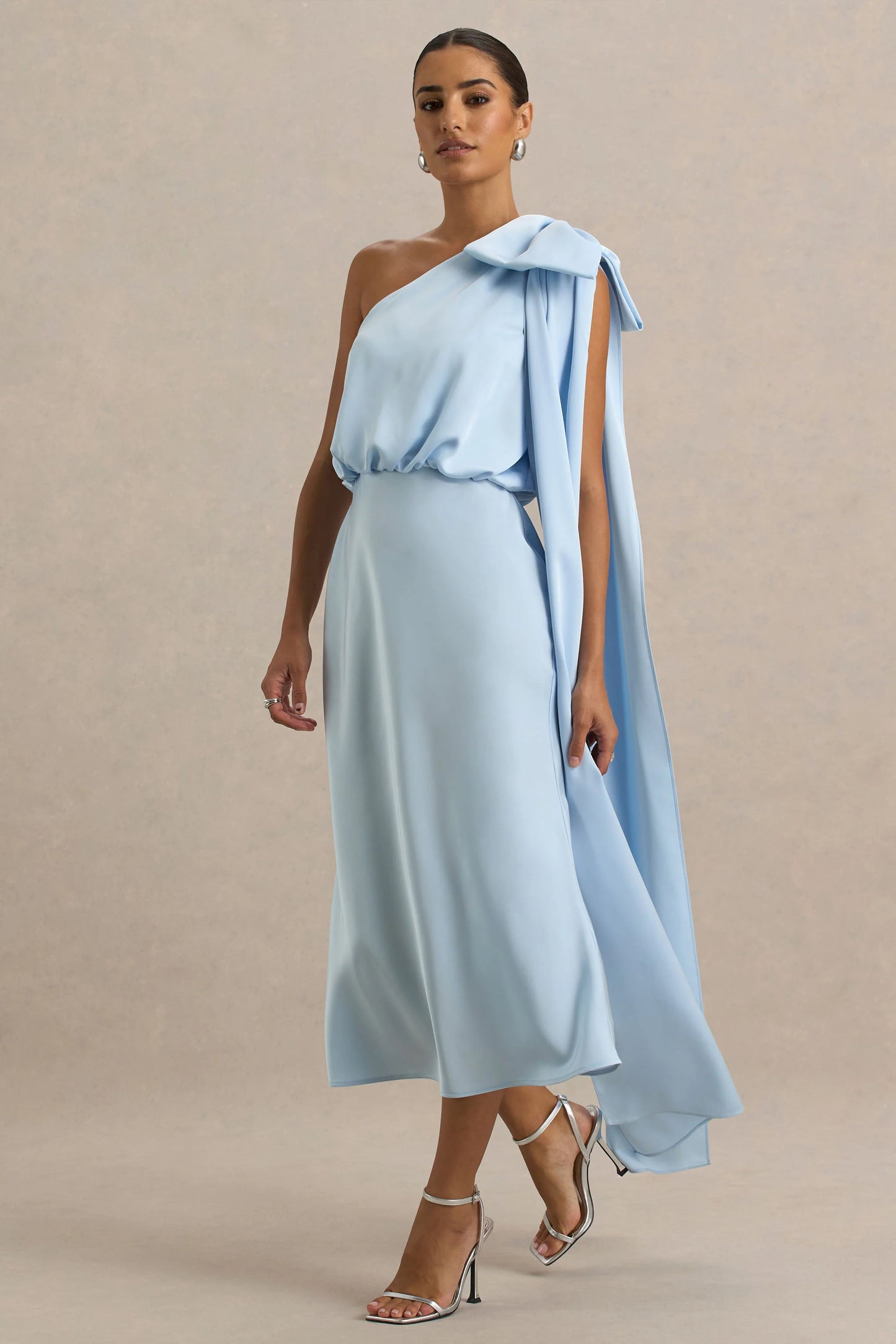 Celestia Powder Blue Satin Asymmetric-Neck Midi Dress With Cape Detail