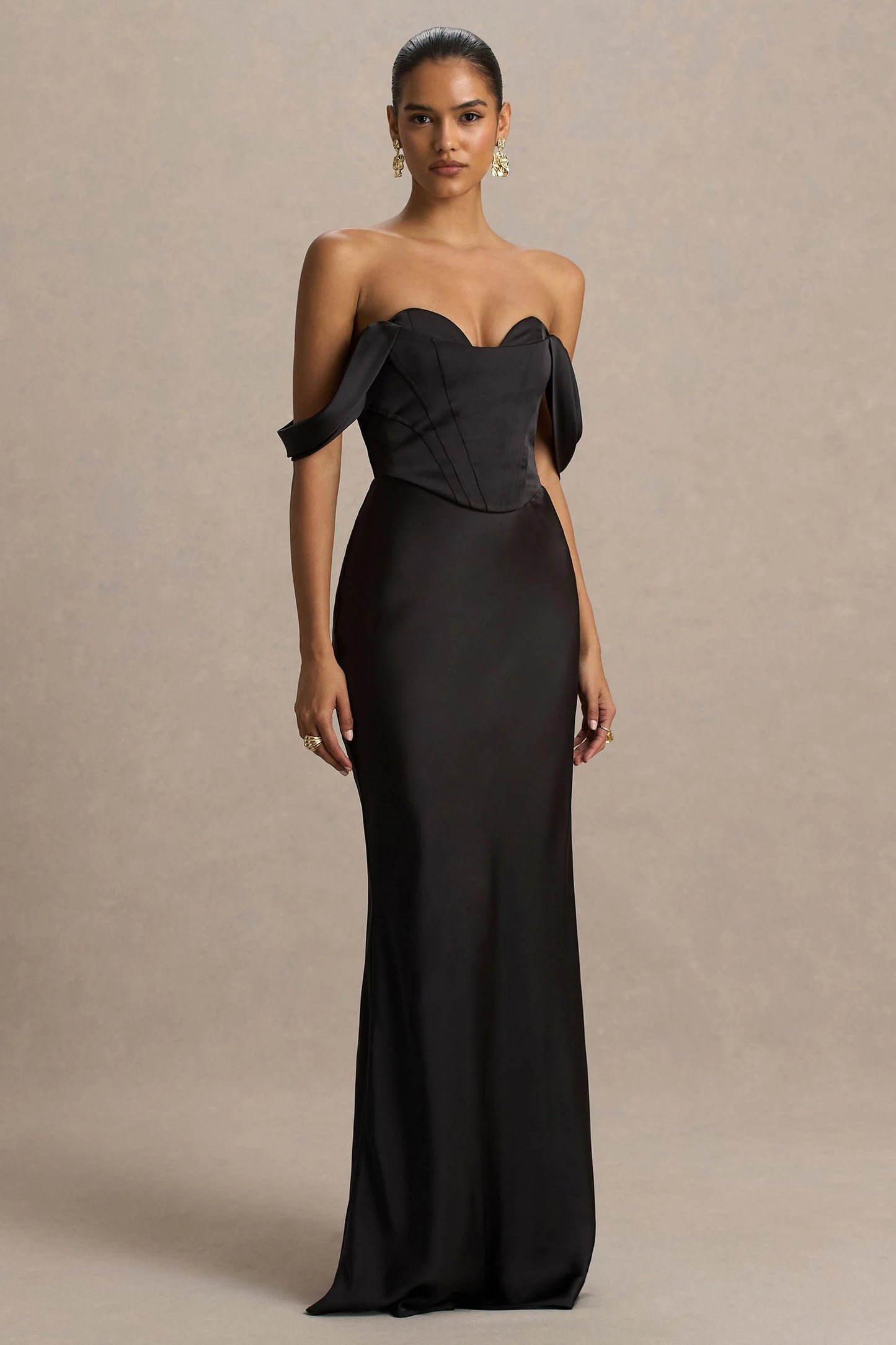 Perenna Black Satin Sweetheart-Neck Maxi Dress With Draped-Sleeves