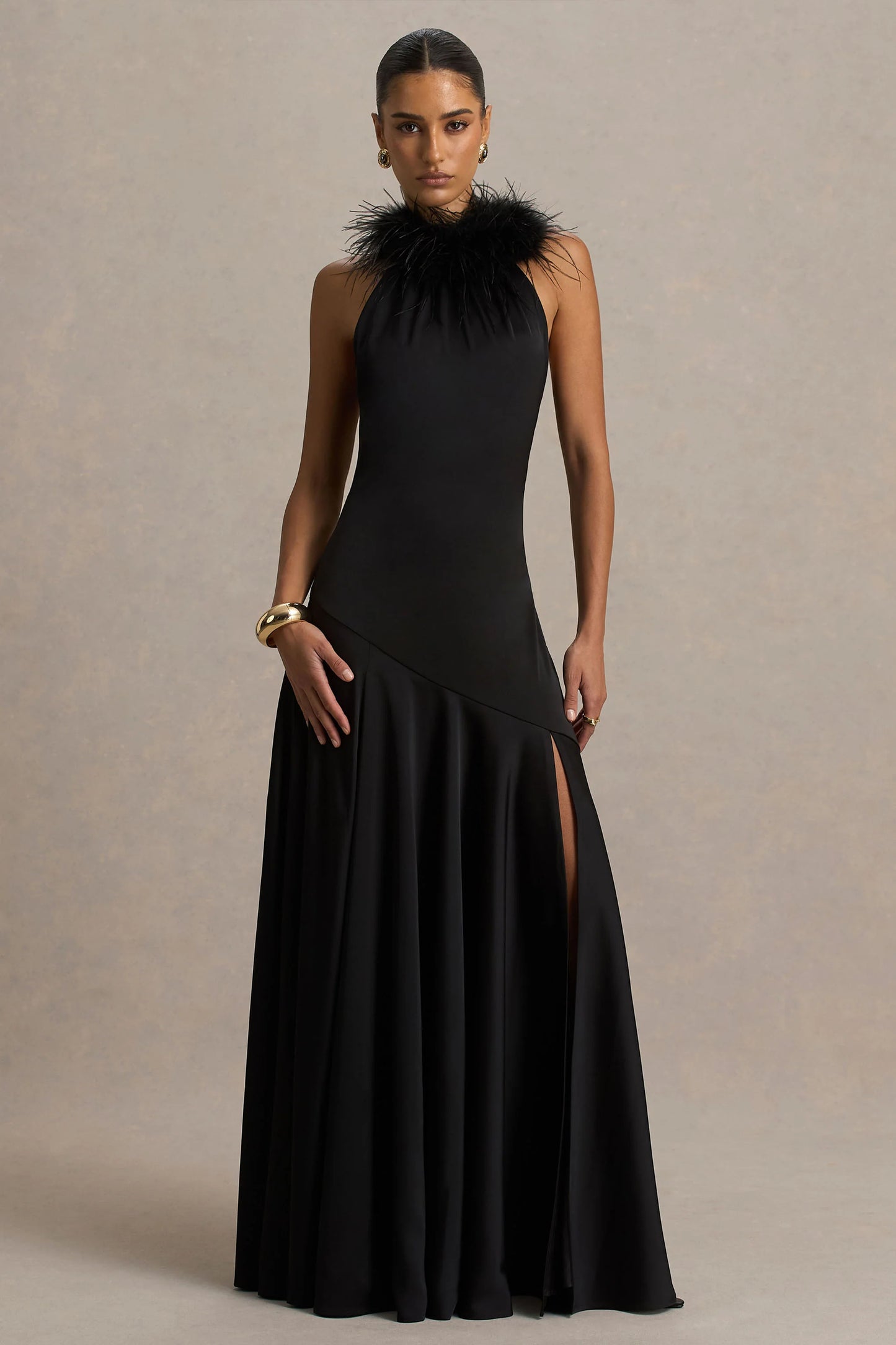 Jemima Black Satin Halter-Neck Maxi Dress With Feather Trim