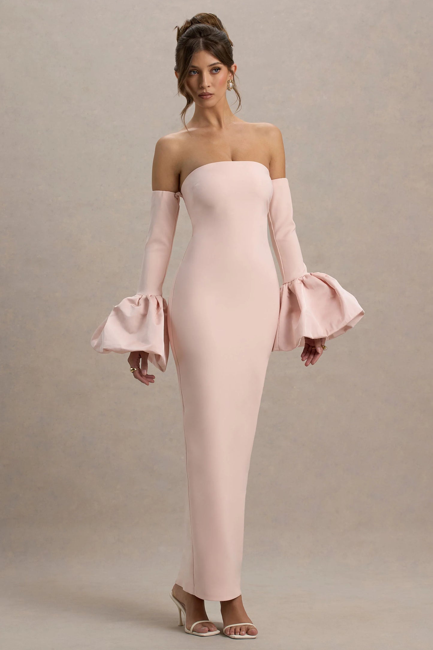 Myah Pink Bandeau Long-Sleeve Maxi Dress With Puff Cuffs