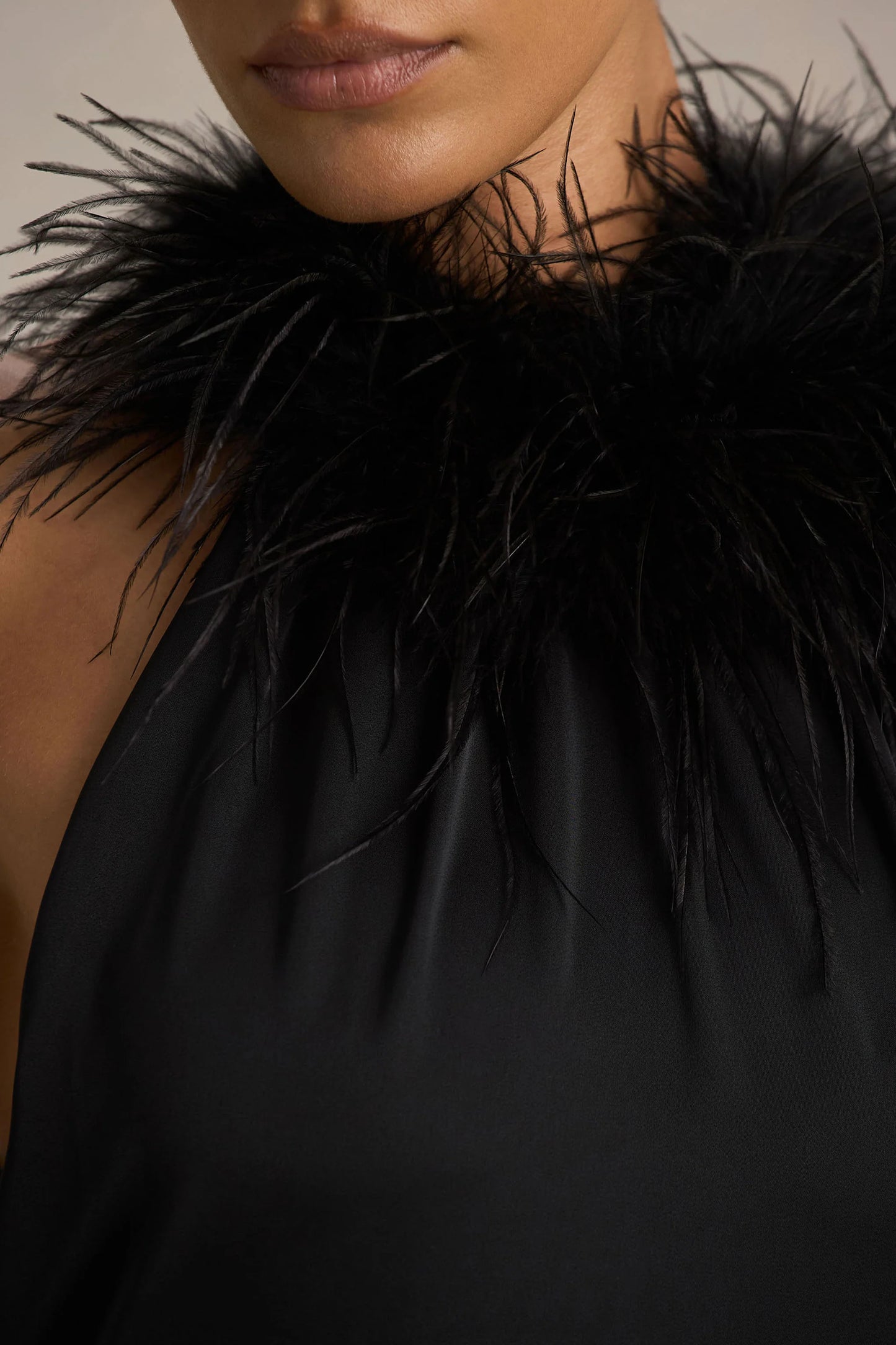 Jemima Black Satin Halter-Neck Maxi Dress With Feather Trim