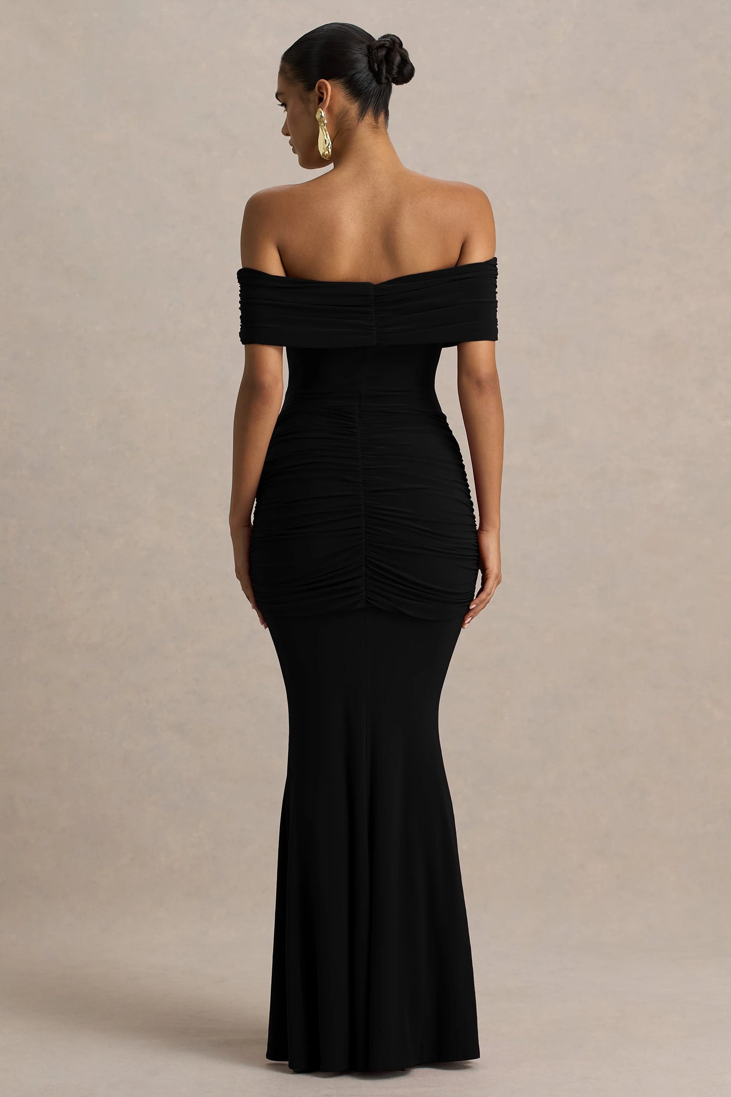 Envisioned Black Bardot-Neck Maxi Dress With Gathered And Drape Detail