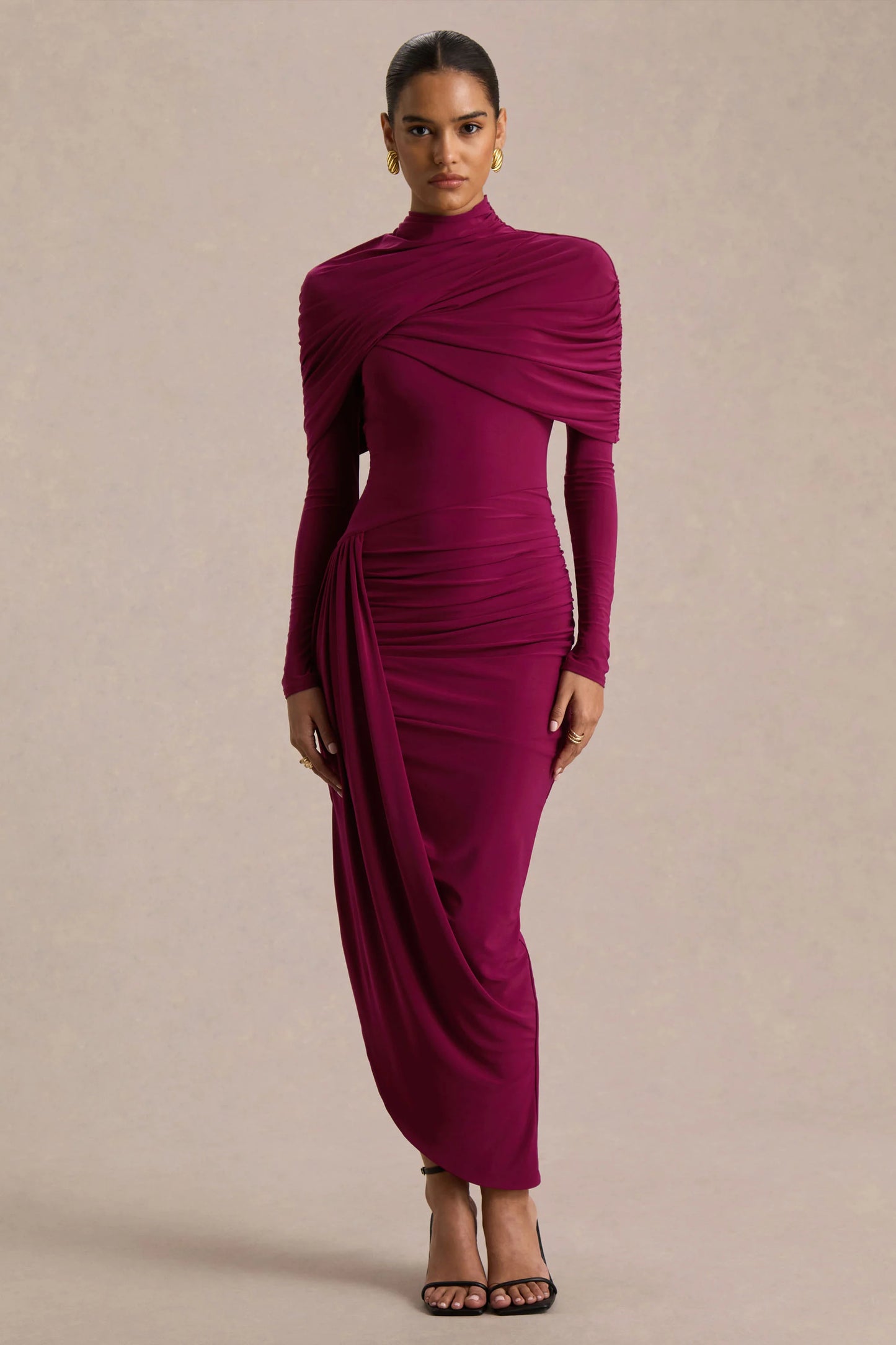 Aneira Burgundy High-Neck Maxi Dress With Cape Sleeves
