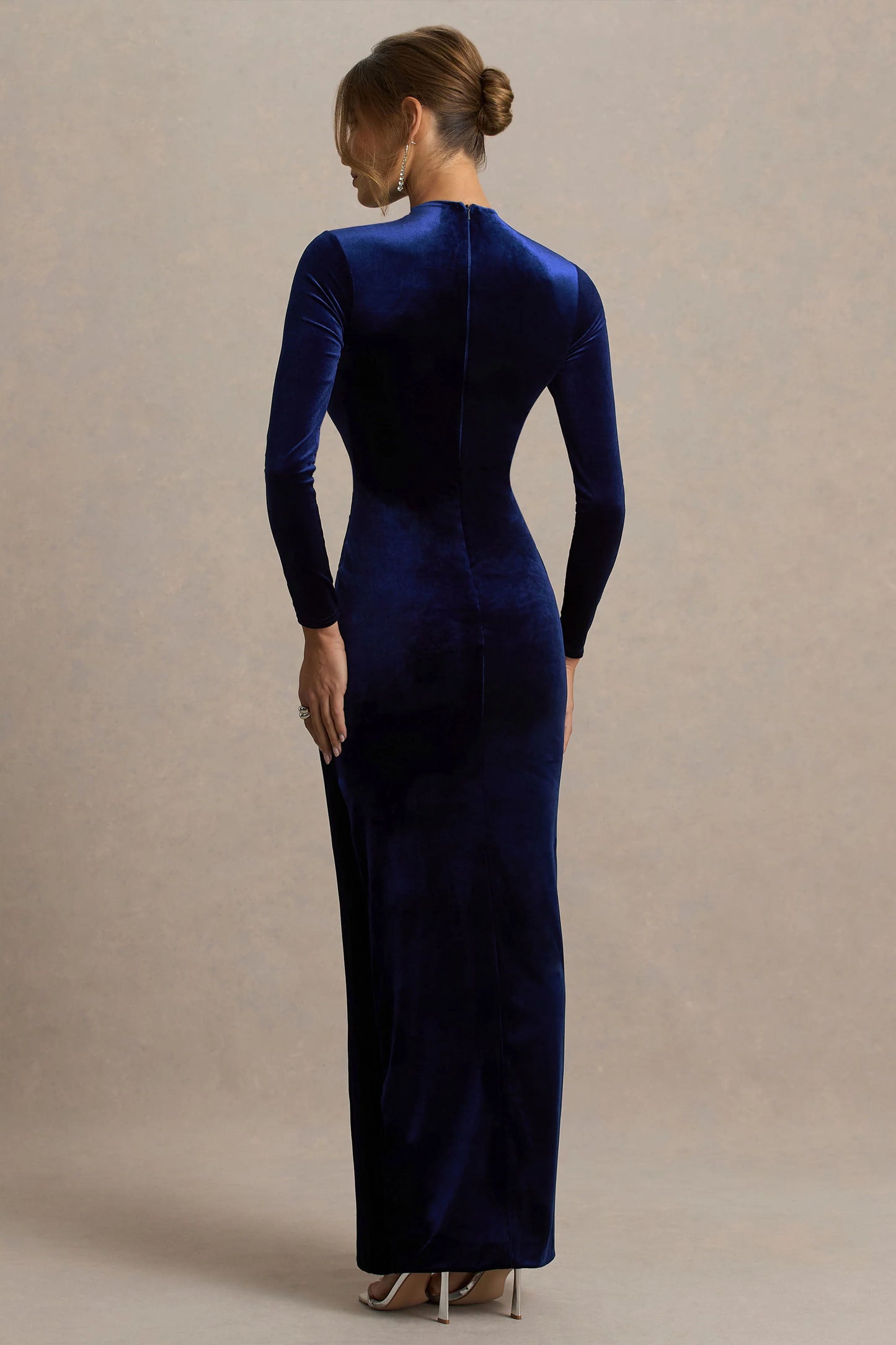 Wishes Navy Velvet High-Neck Maxi Dress With Wrap Skirt