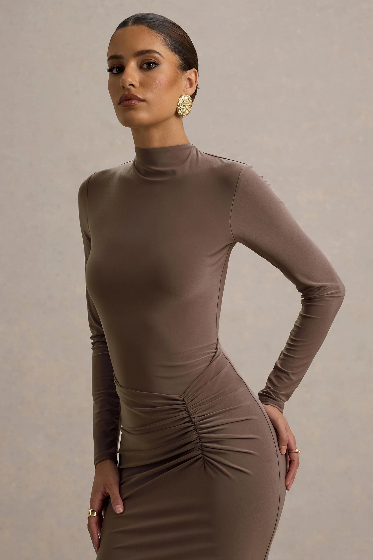 Reid Brown Long-Sleeve Gathered Maxi Dress