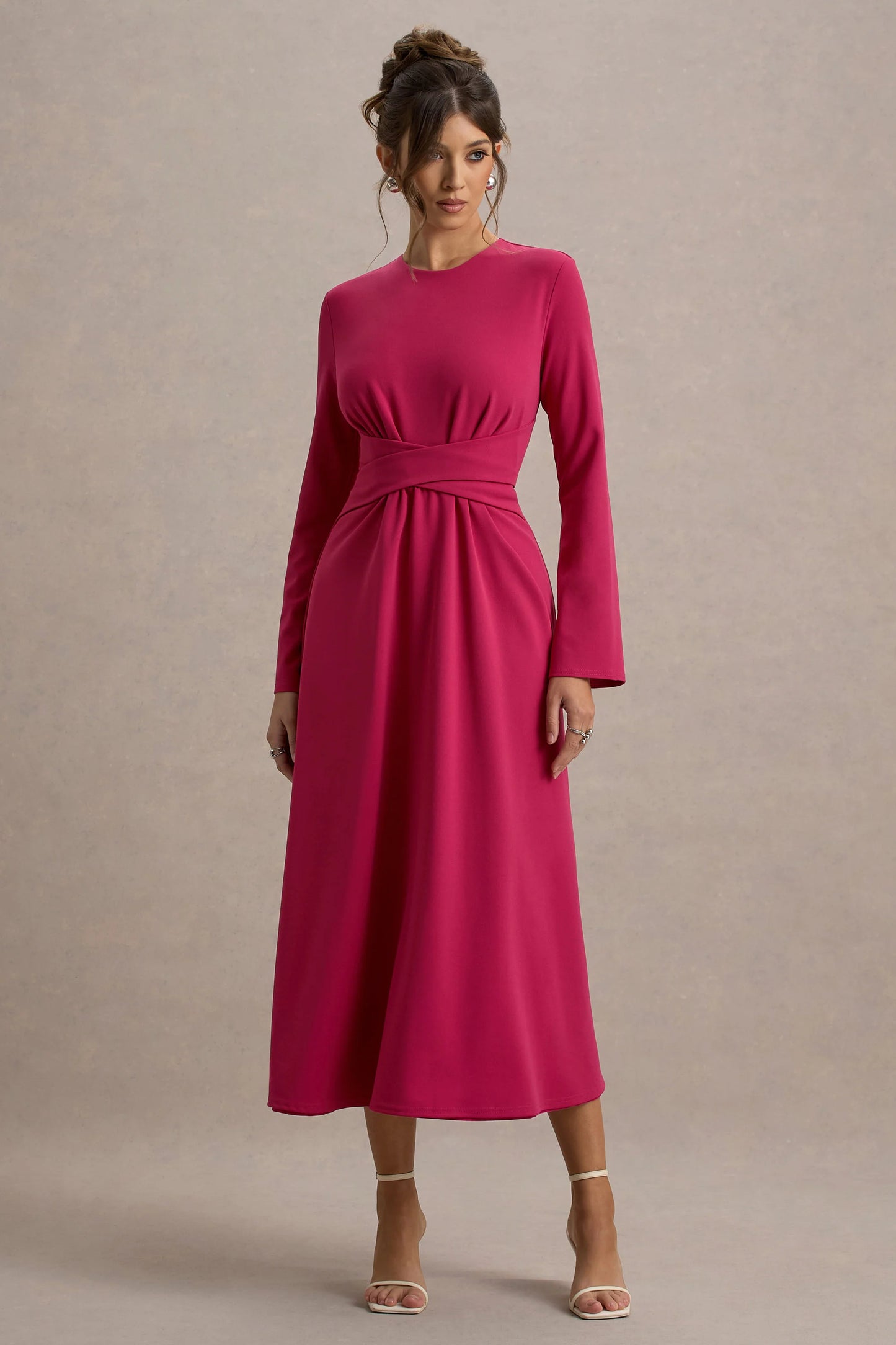 Cassiopeia Lemon Long-Sleeve Midi Dress With Cross Waist
