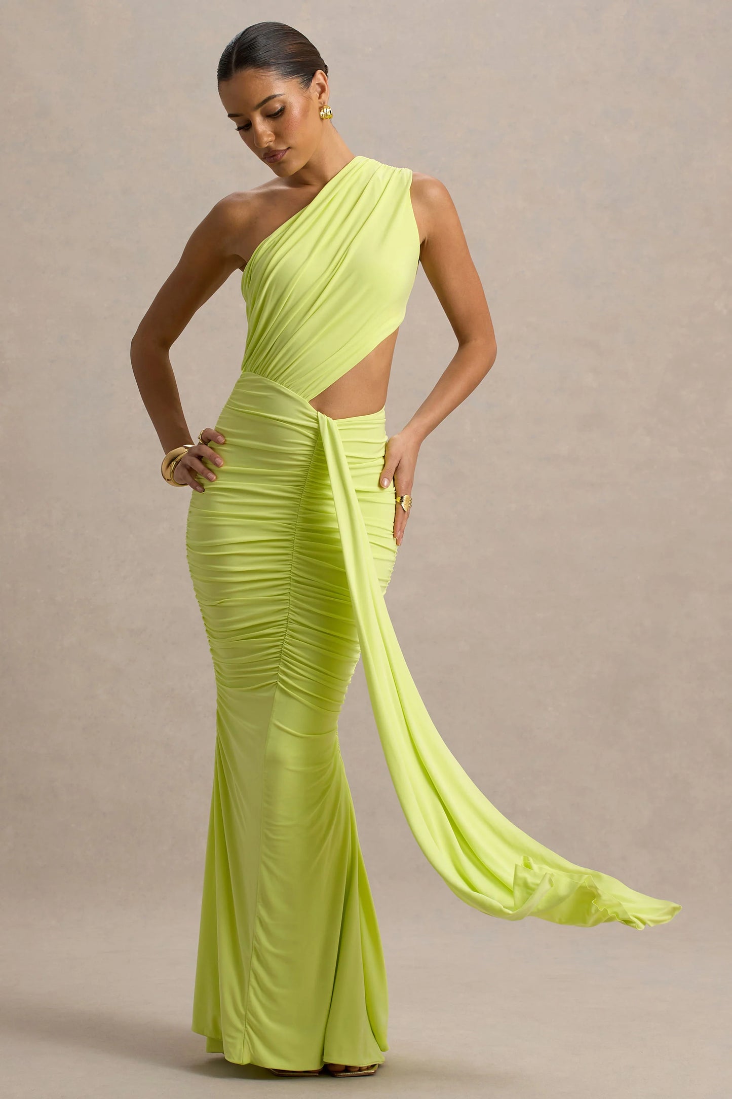 Beline Lime Green One-Shoulder Cut-Out Maxi Dress With Drape