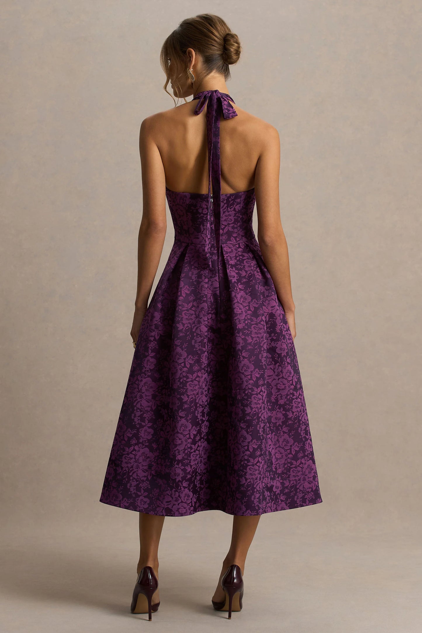 Isabeau Purple Satin Plunge-Neck Midi Dress