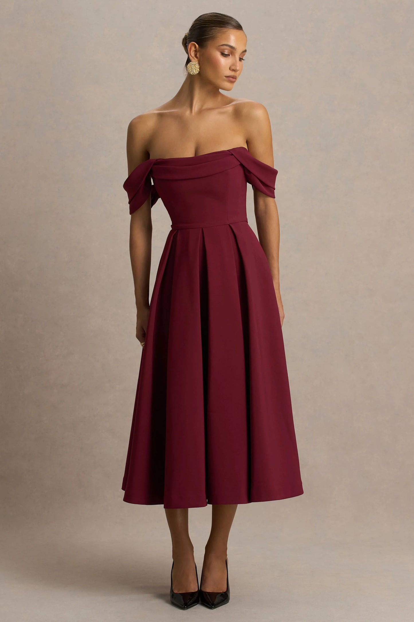 Cosima Burgundy Bardot-Neck Midi Dress