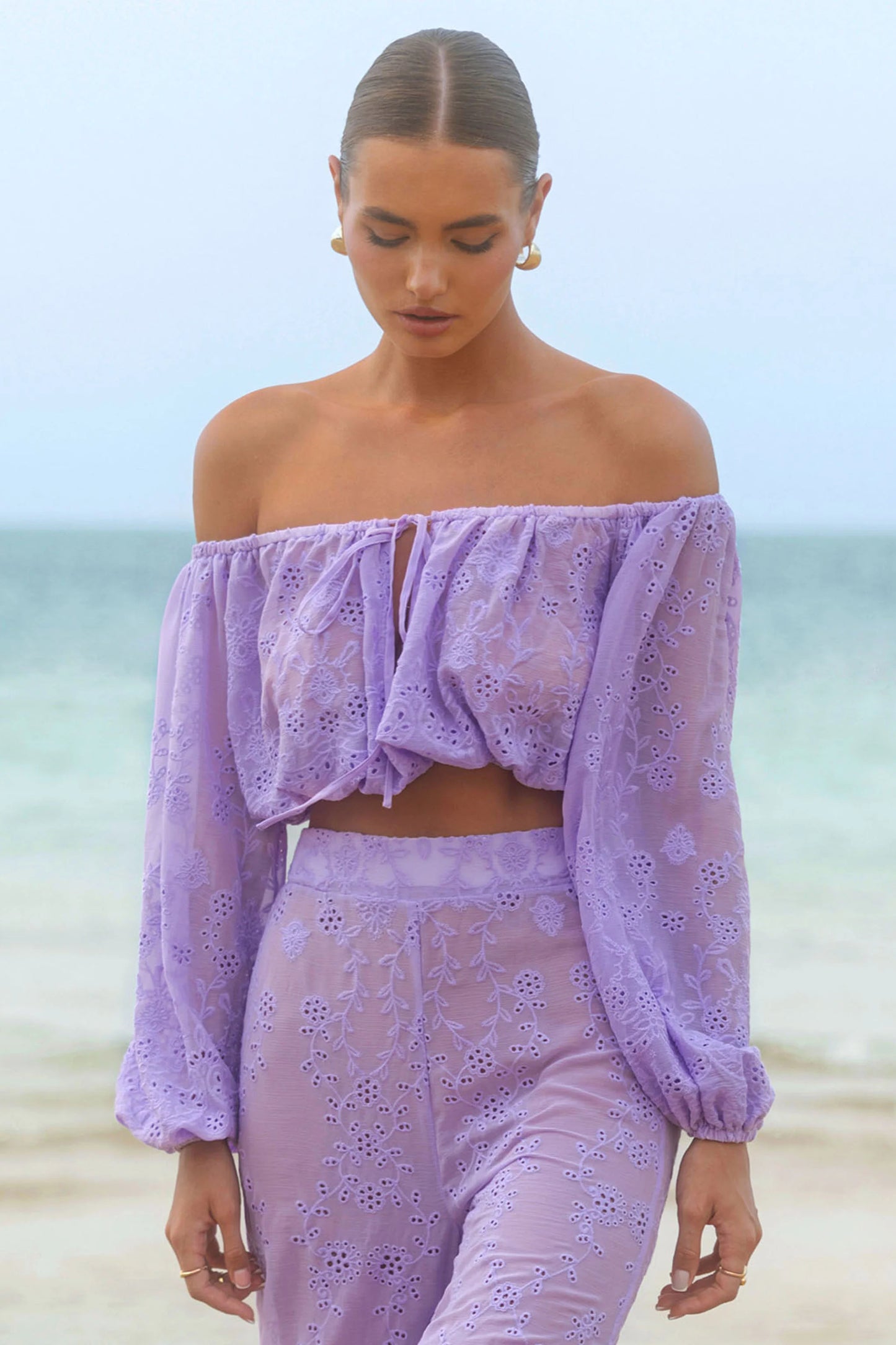 Fabienne Lilac Broidery Bardot Puff-Sleeve Top