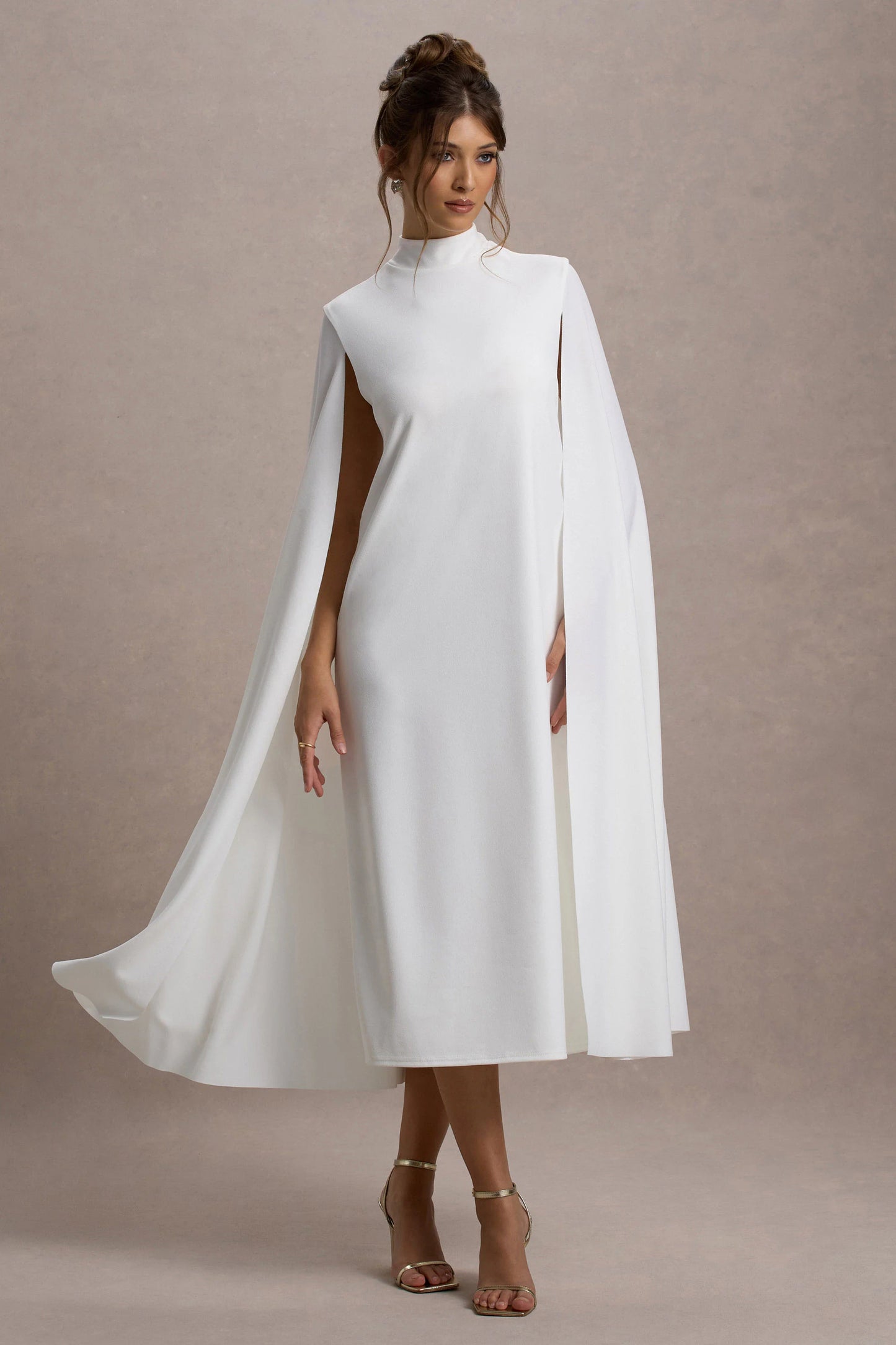 Carnation White Long-Sleeve Midi Dress With Cape
