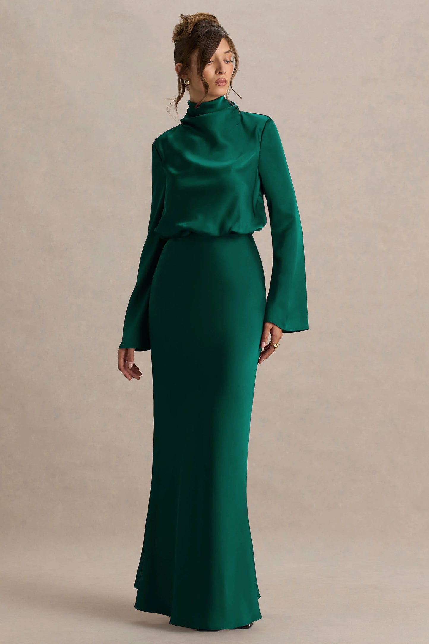 Celina Bottle Green Satin High-Neck Maxi Dress
